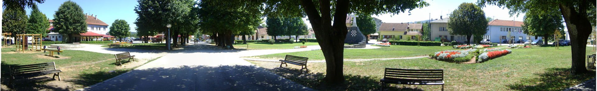 A panorama of a park in the center of Slunj, Croatia