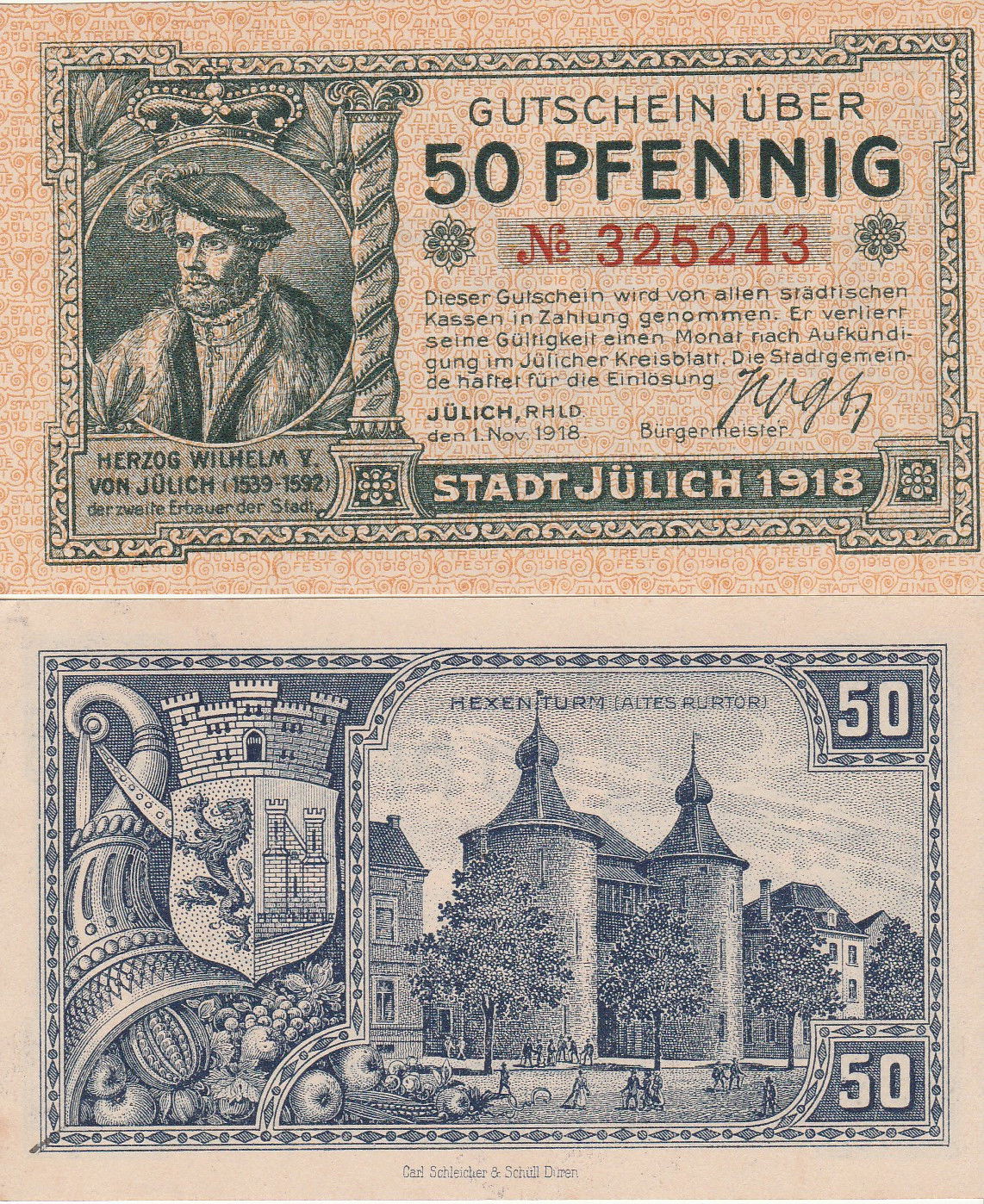 Deutsches Notgeld aus Jülich im Wert von 50 Pfennig, aus dem Ja…