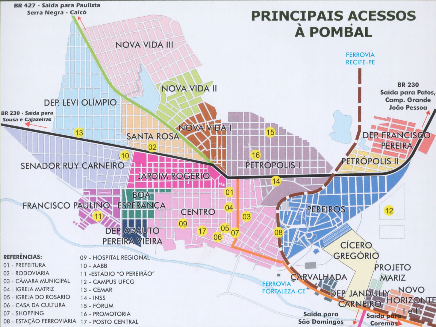 Mapa com todos os bairros da cidade de Pombal, no estado da Par…