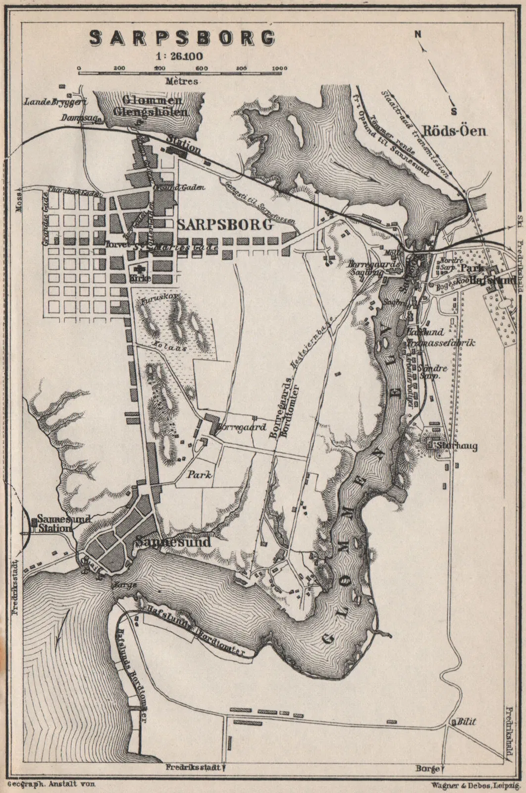 Old map of Sarpsborg Norway from 1885