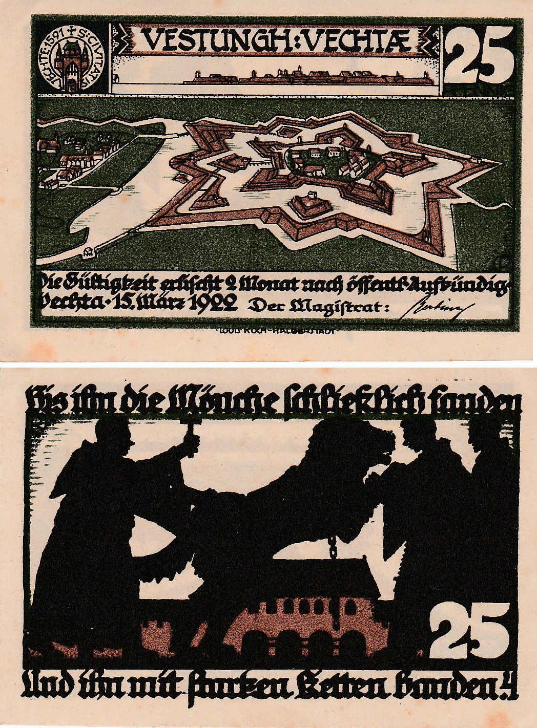 Ein deutscher Notgeldschein (Vorder- und Rückseite) aus Vechta,…