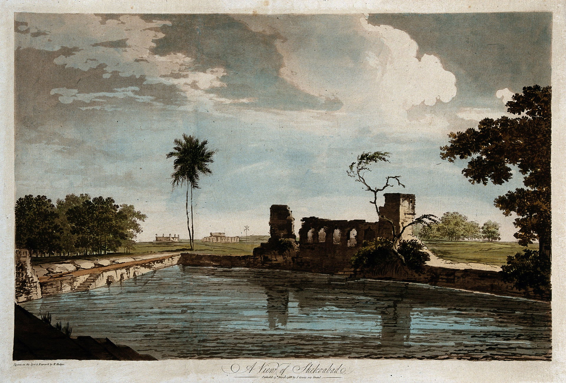 Landscape with pool and ruin, Shekoabad, India. Coloured etchin…