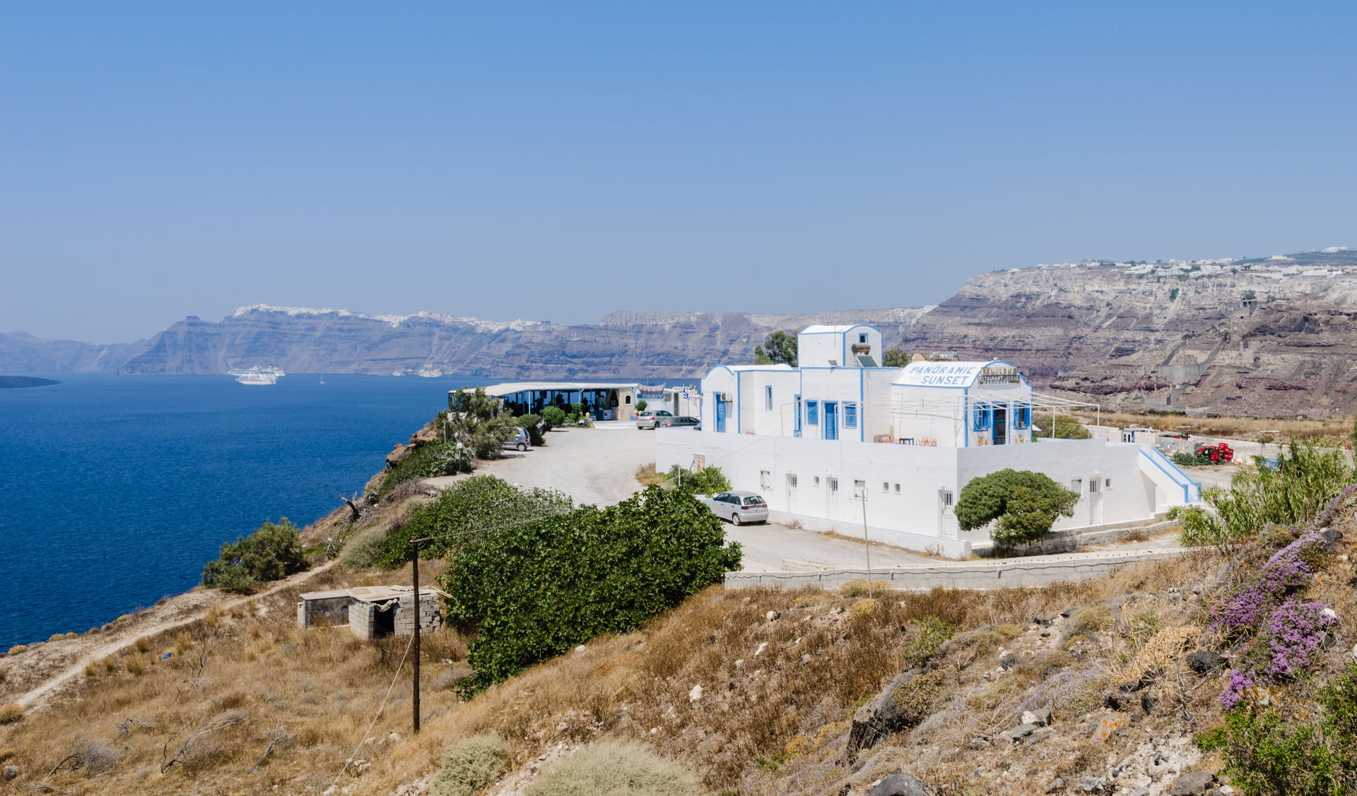 Restaurant at the crater rim near Akrotiri, Santorini, Greece.