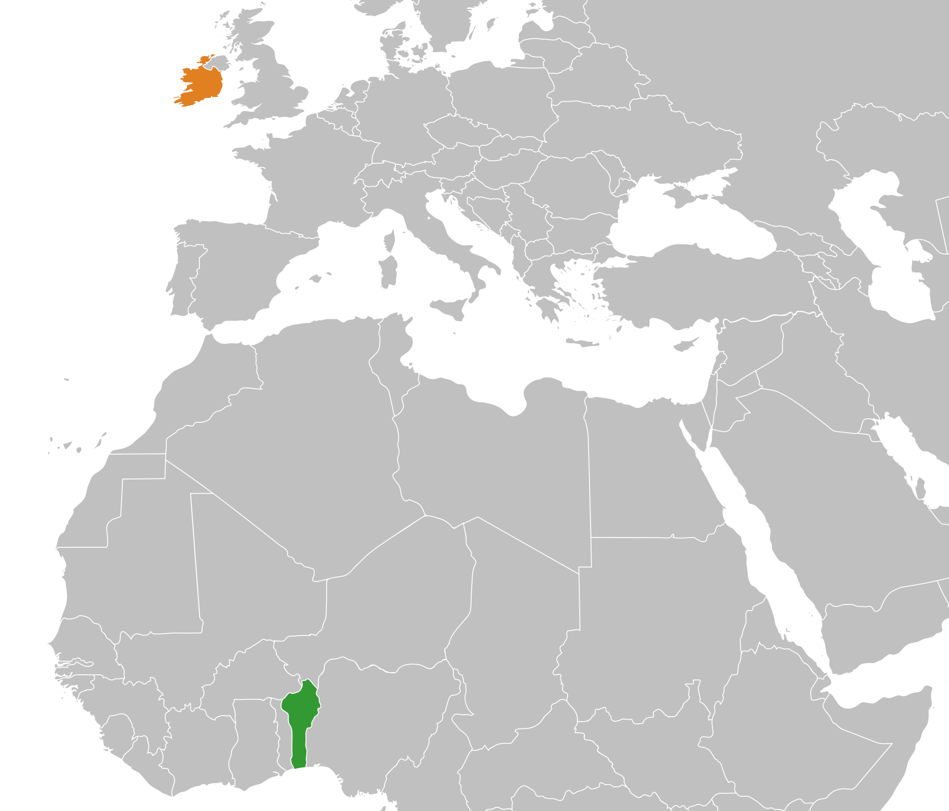 Map showing locations of Benin and the Republic of Ireland