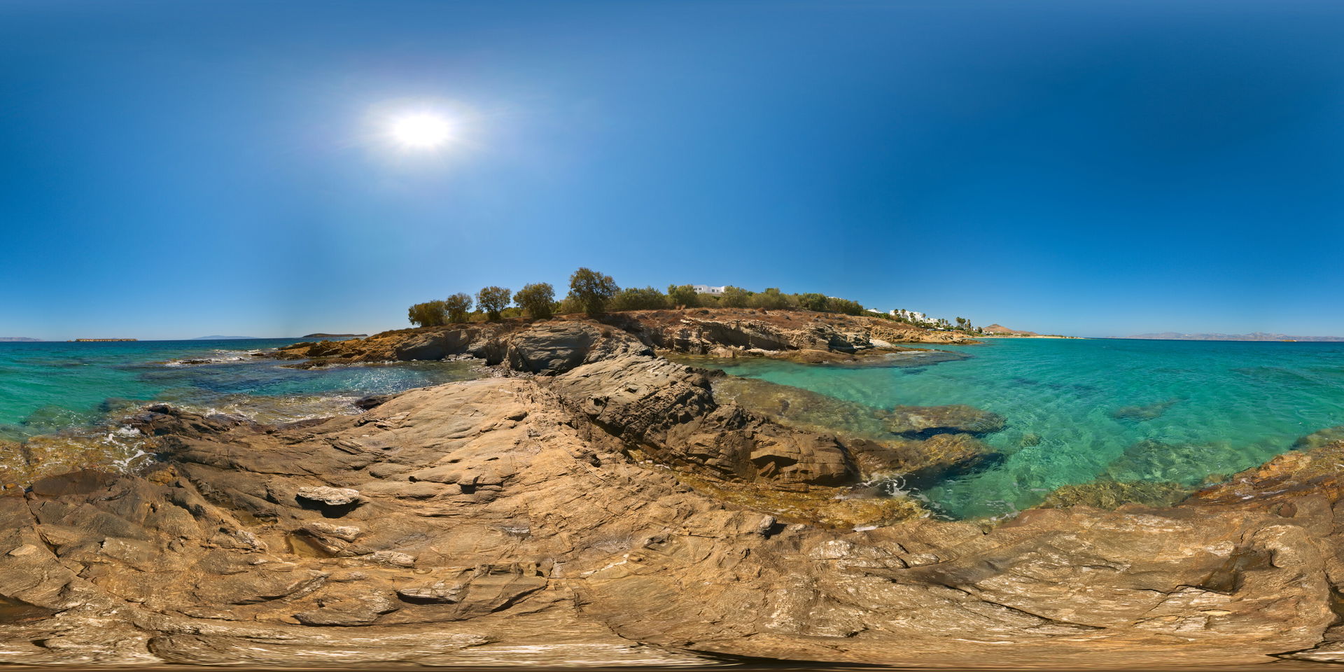 Spherical panoramic south of "New Golden Beach" in Paros, Greece