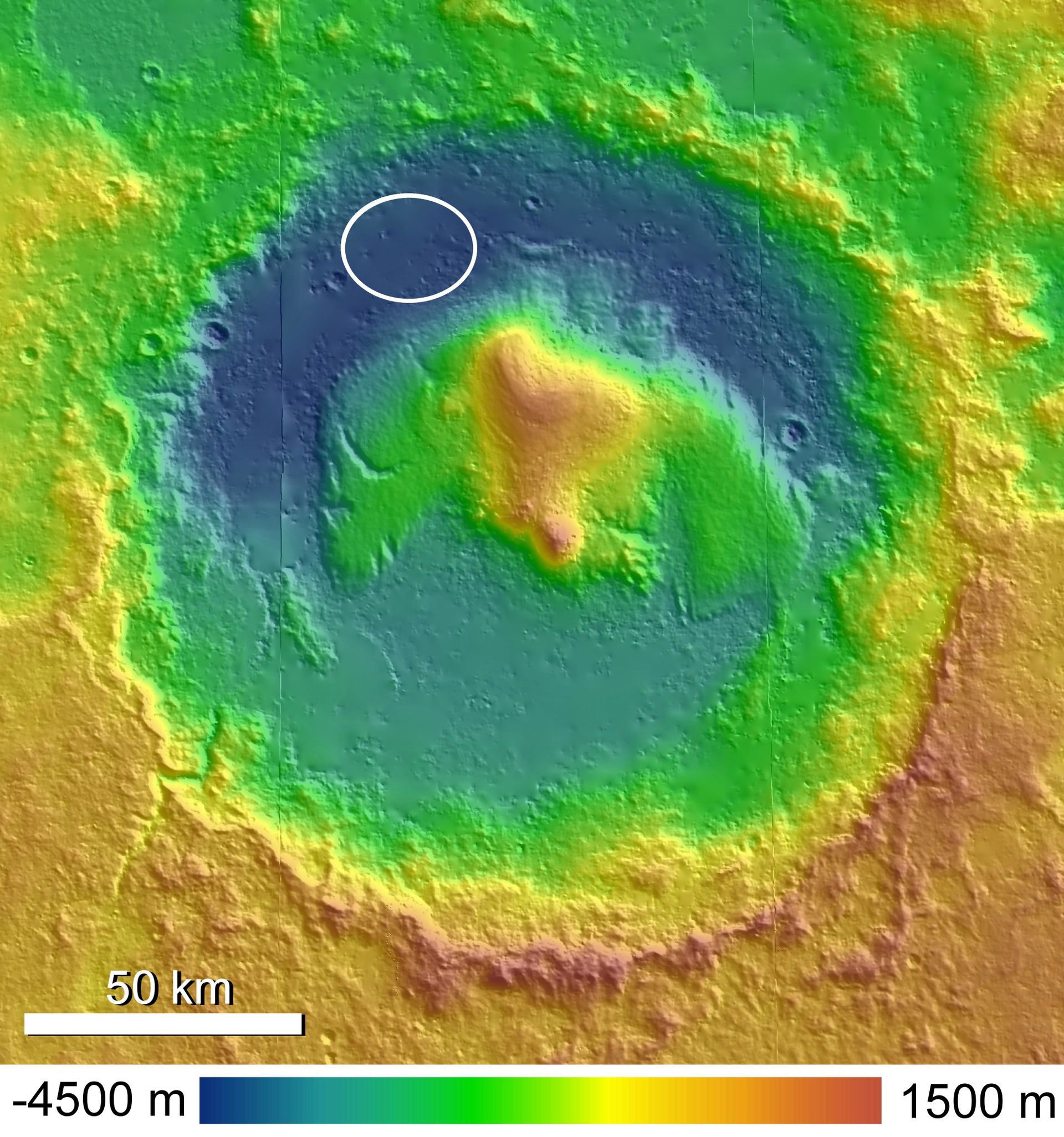 A shaded and colorized topographic map of Gale Crater, Mars, ba…