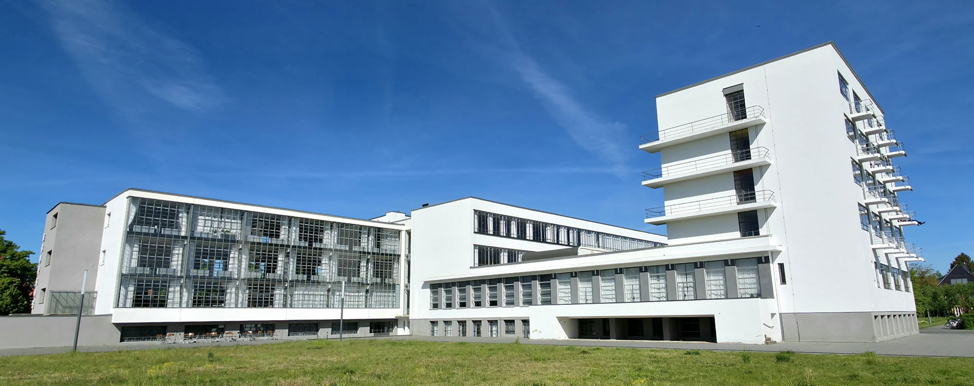 Exterior views of the Bauhaus building in Dessau