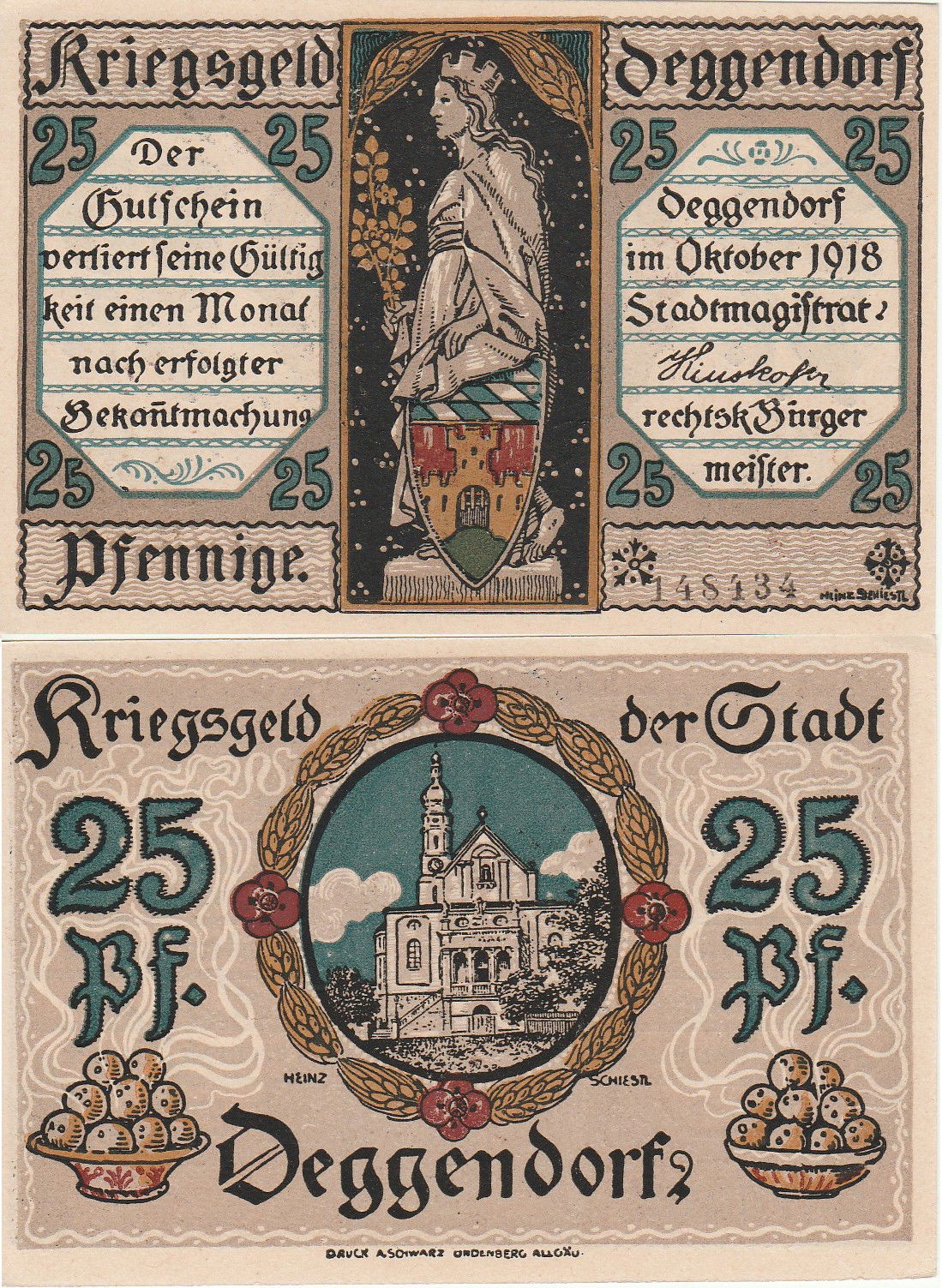 Deutsches Notgeld aus Deggendorf, im Wert von 25 Pfennig.