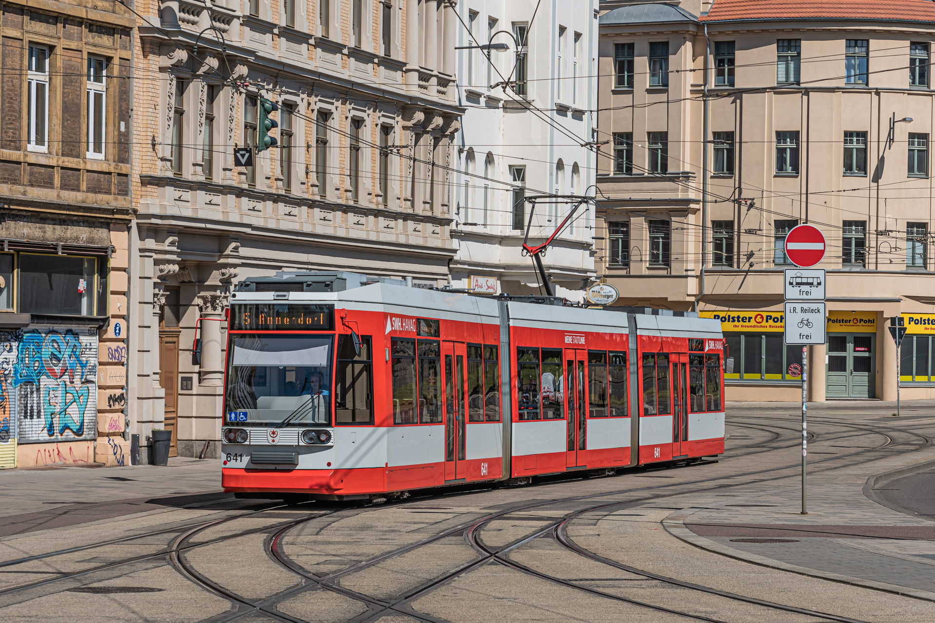 A tram on route 5 in Halle, Saxony-Anhalt, Germany