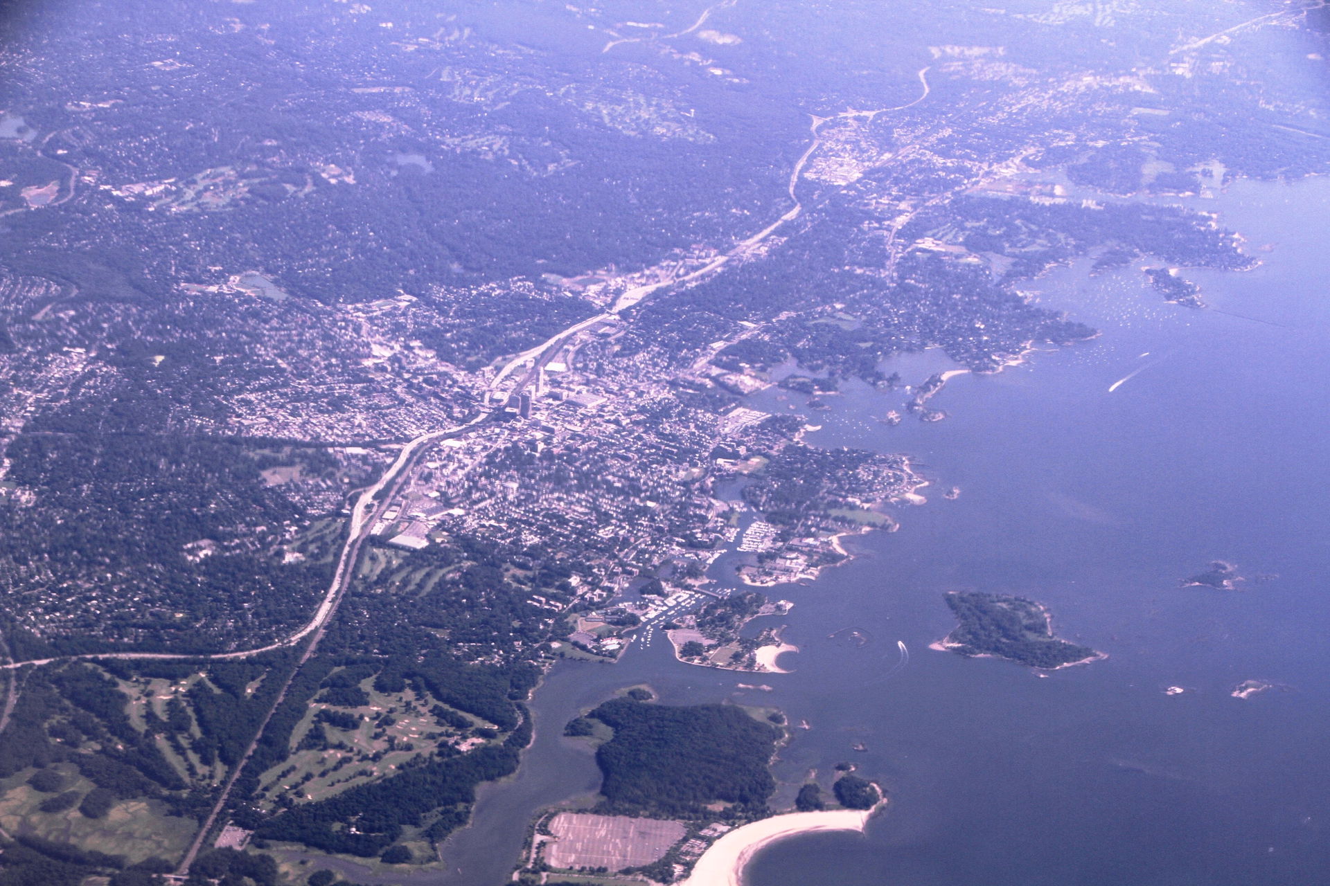 Aerial view of New rochelle city, and the Pelham Bay, of northe…