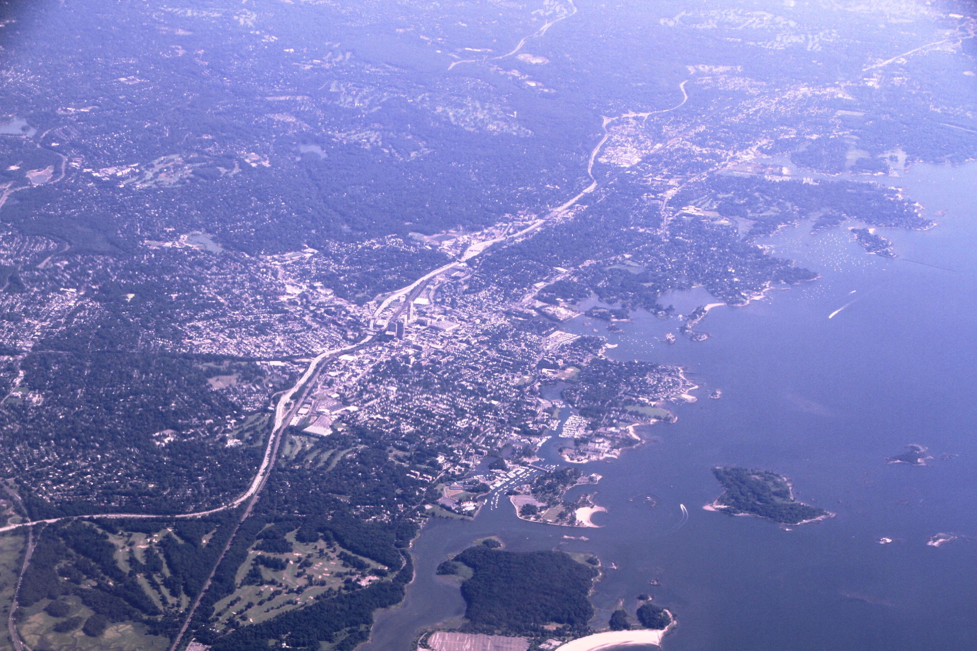 Aerial view of New rochelle city, and the Pelham Bay, of northe…