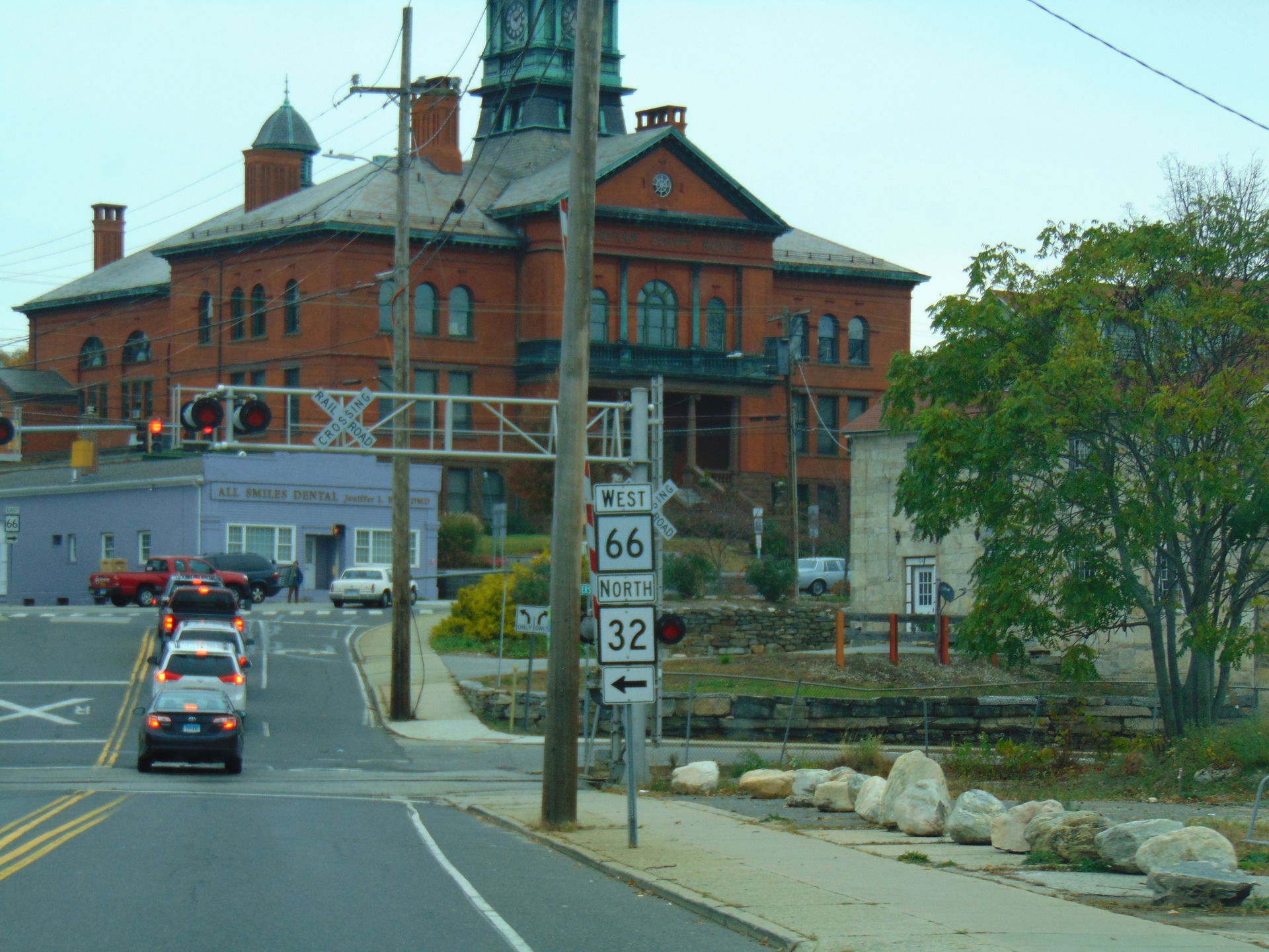CT 32 (Bridge St.) approaching CT 66 (Main St.) in downtown Wil…
