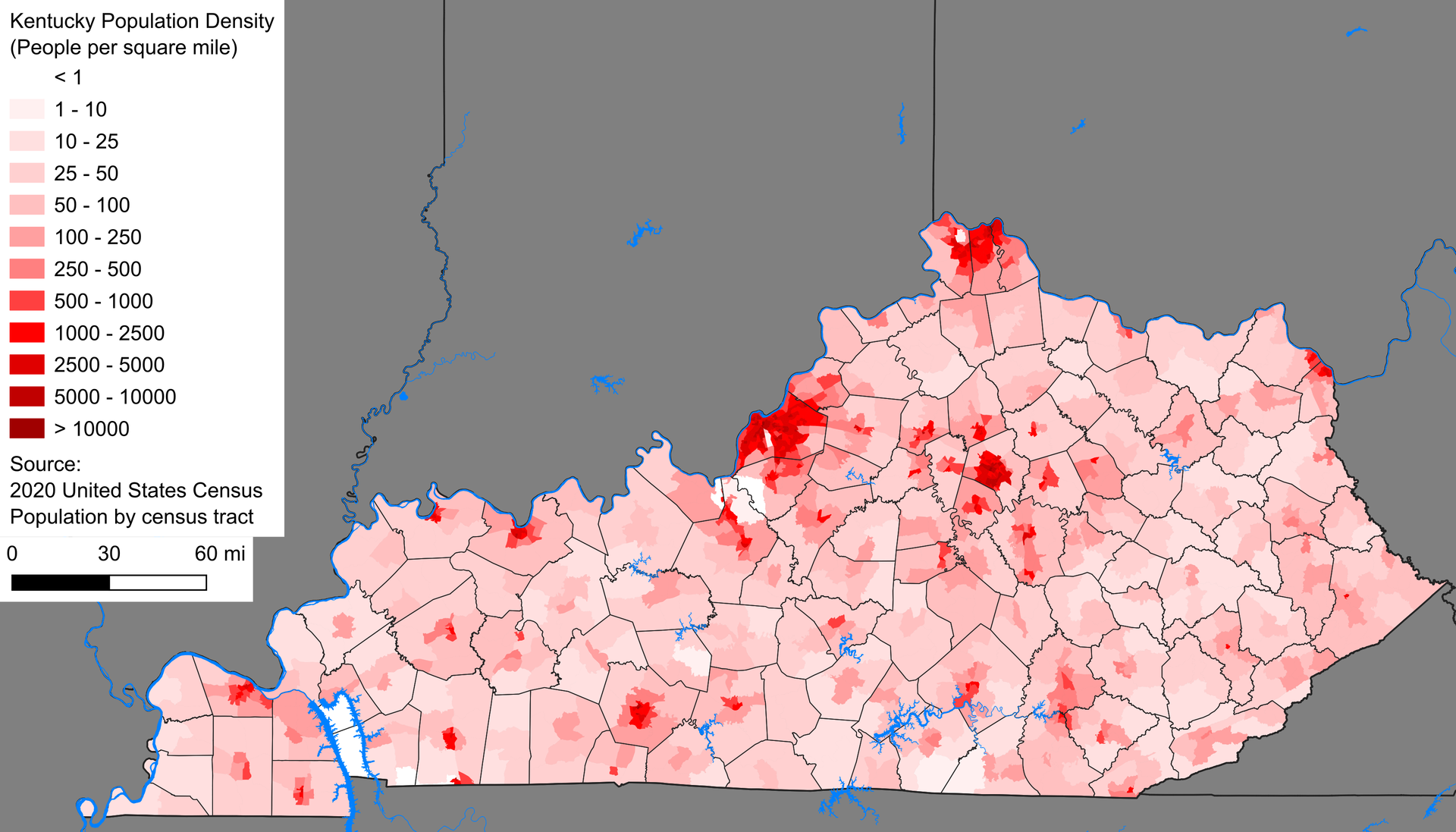 Population density of Kentucky by census tract as of the 2020 U…