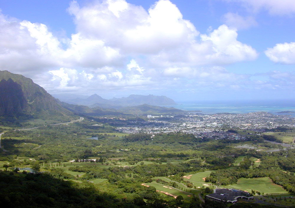 View of Kāne‘ohe, Hawai‘i from the lookout above the Nu‘uanu Pa…