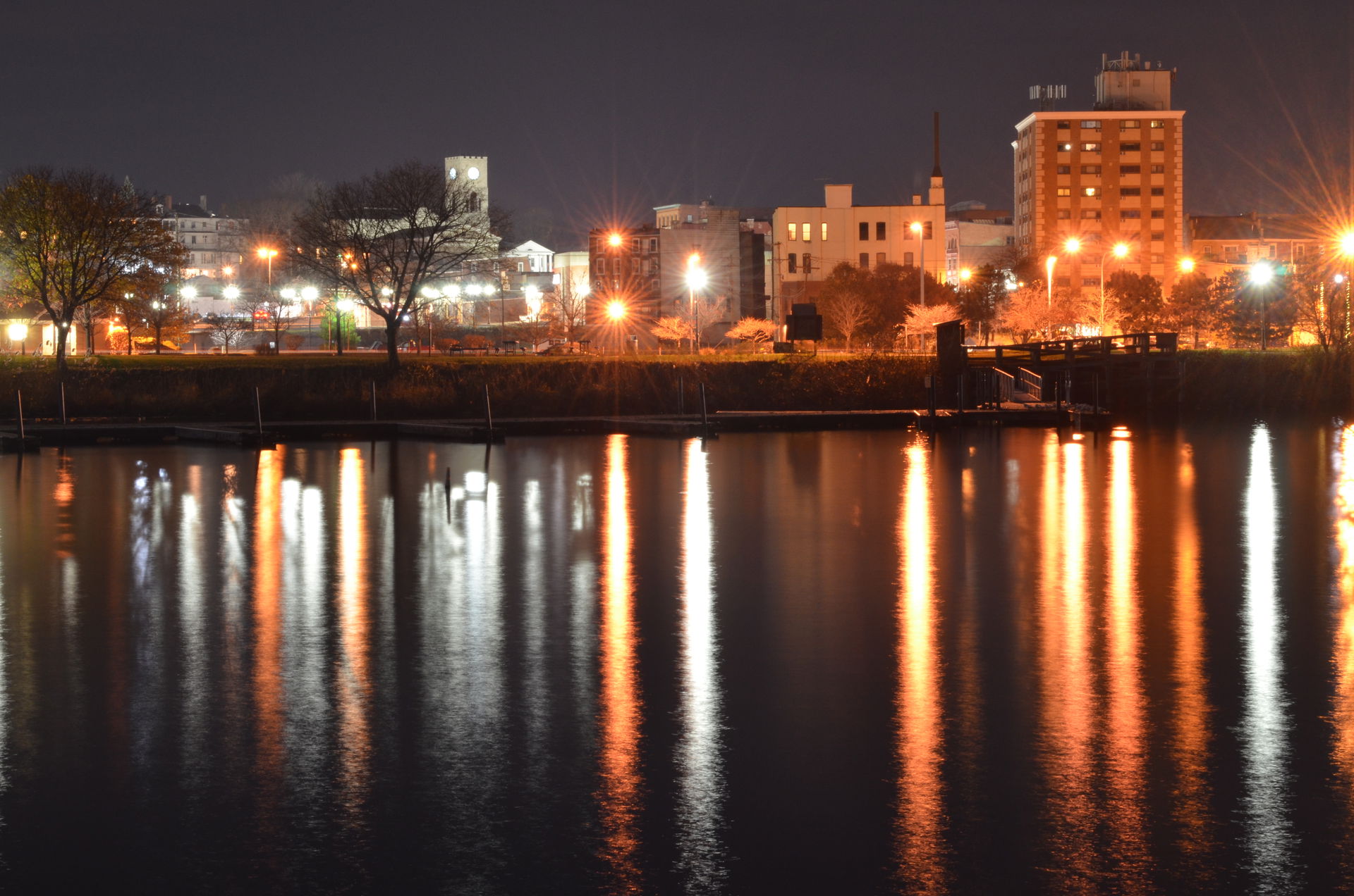 Geneva NY at night, near pier area.
