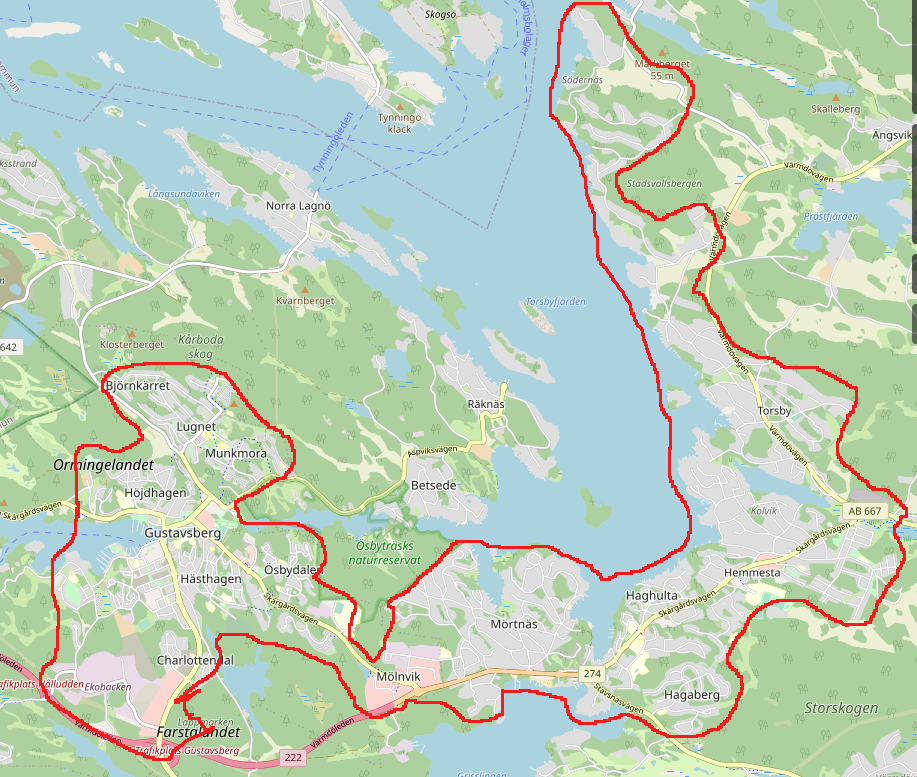 Ungefärlig omfattning av tätorten Gustavsberg, 2020