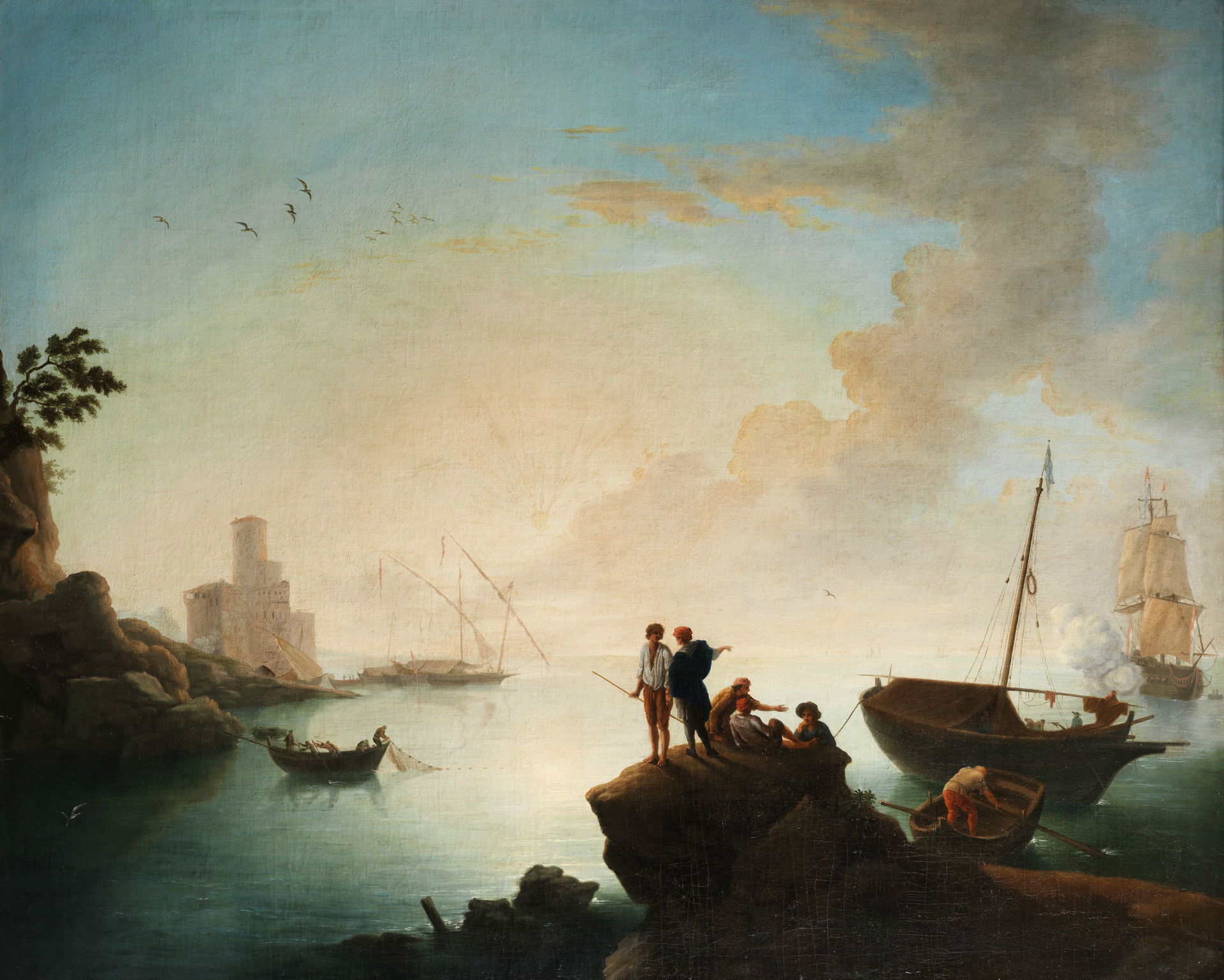 Mediterranean scene with fishermen in front of a cannon shootin…