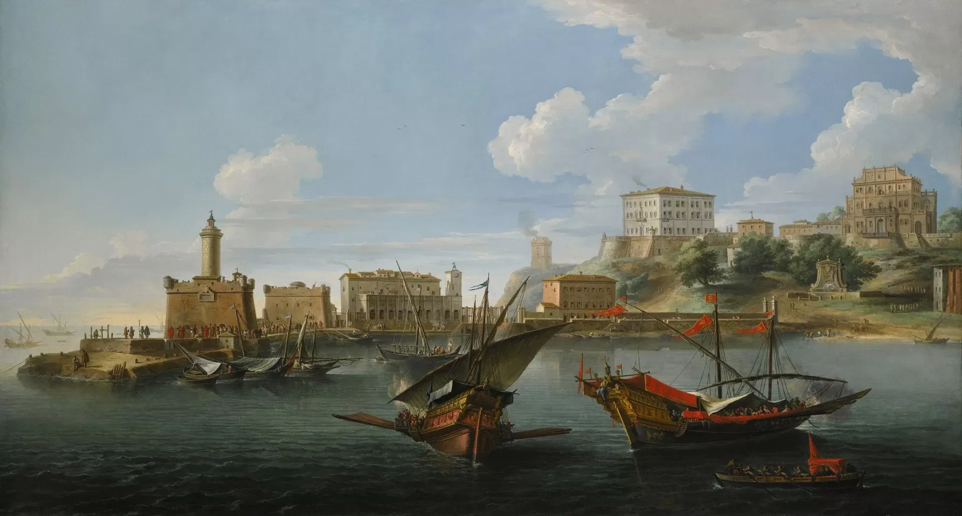 Anzio, veduta del porto con Villa Corsini e Villa Albani. Olio …