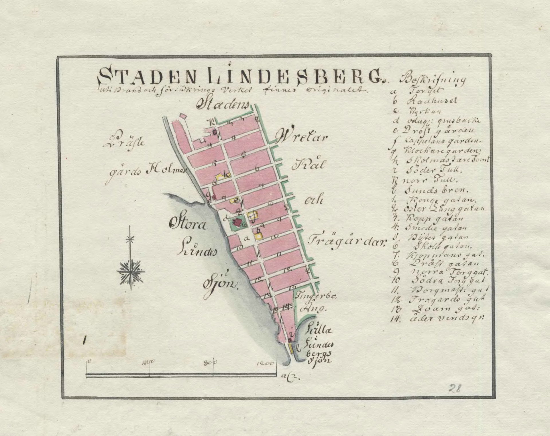 Hand drawn 18th century map of Lindesberg, Sweden