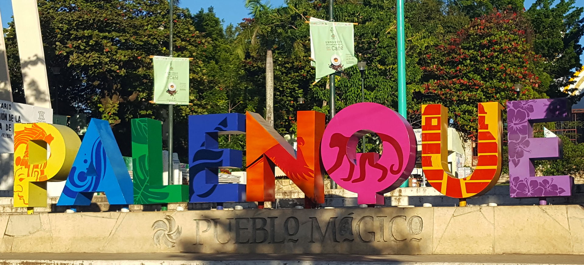 Palenque, Chiapas, MEXICO.  Giant letters town name sign. Puebl…