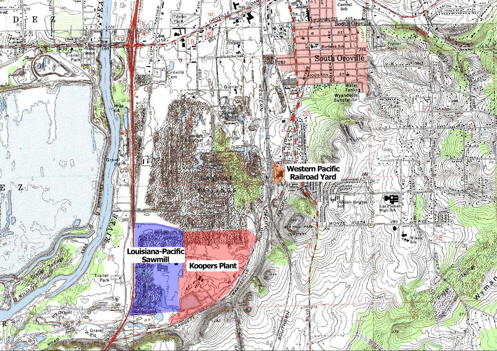 A map showing the three EPA Superfund cleanup sites in Oroville…