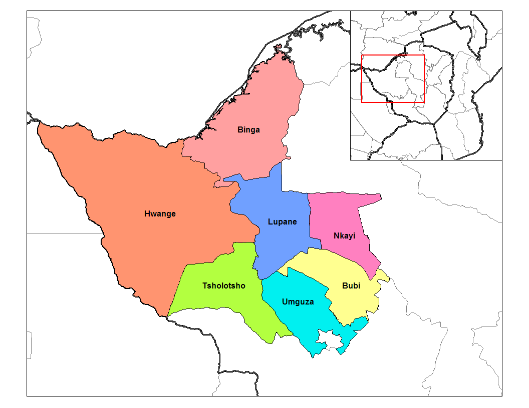 Map of the districts of Matabeleland North province of Zimbabwe.