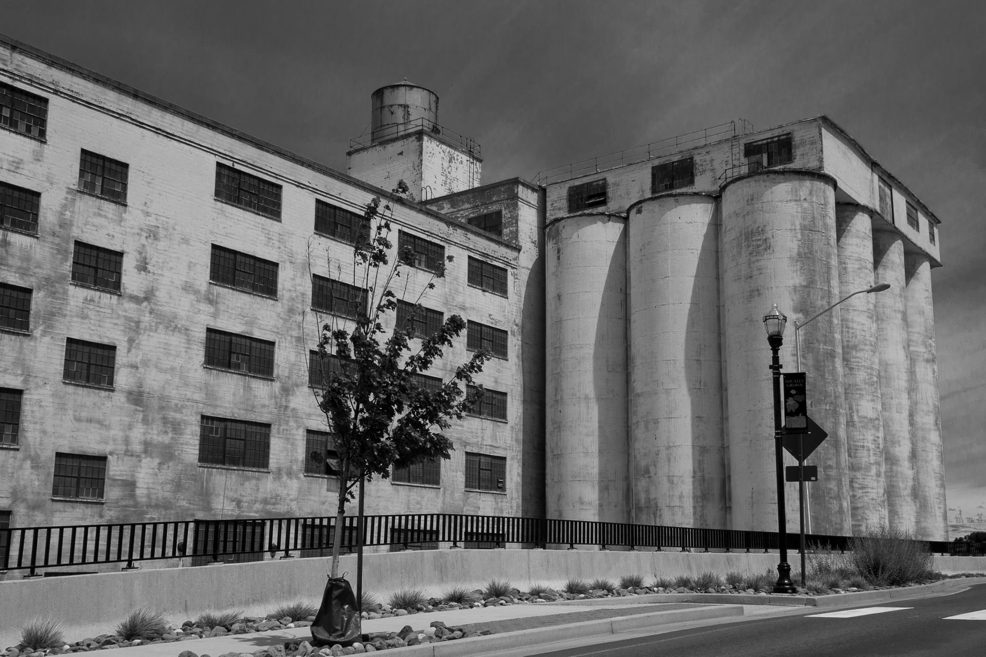 A grain elevator sits empty in The Dalles, Oregon