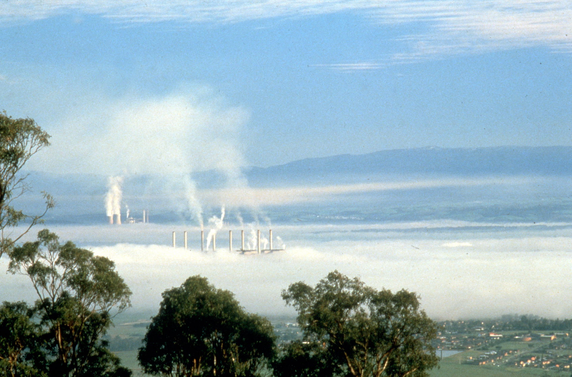 Smoke plumes from power generation in the Latrobe Valley, Victo…