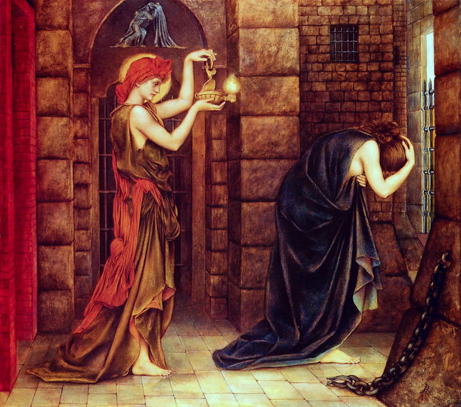 allegorical, pre-raphaelite painting showing Hope as a woman or…