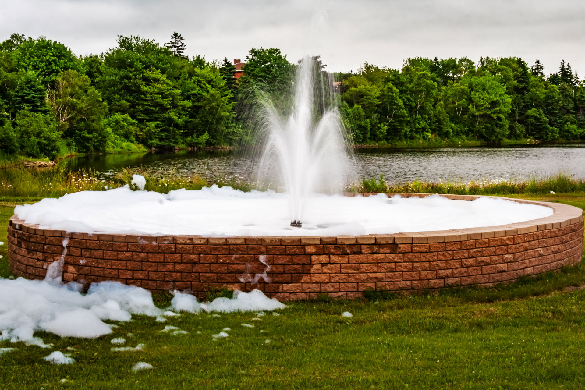 A fountain in a small park overflowing with soap bubbles.