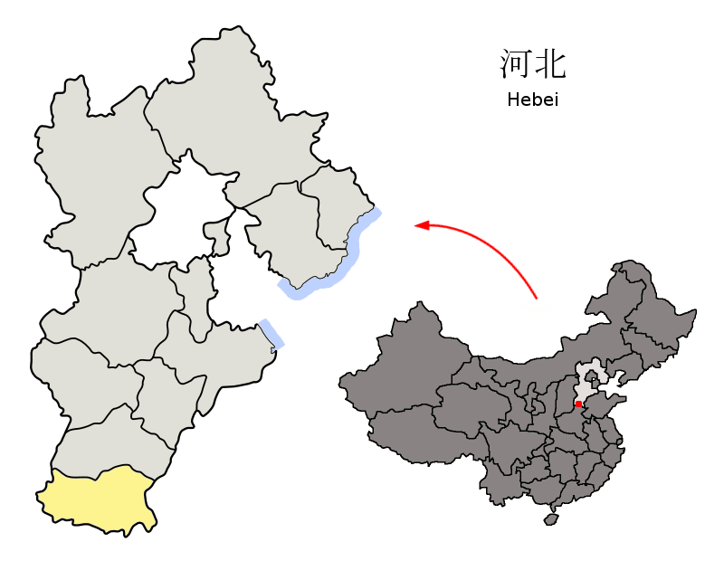 Location of Handan Prefecture (yellow) within Hebei Province of…