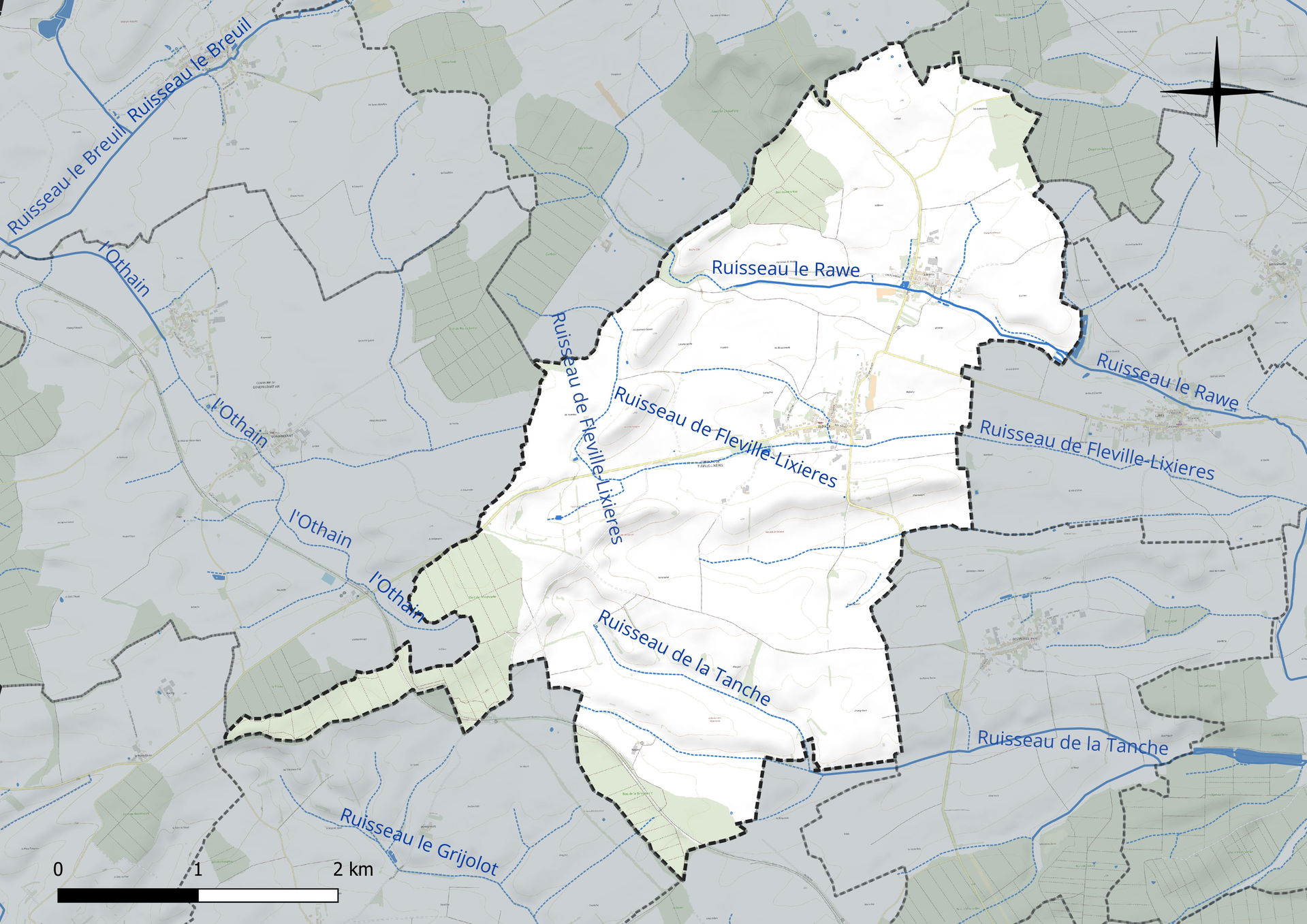 Carte du réseau hydrographique de la commune de fr:Fléville-Lix…