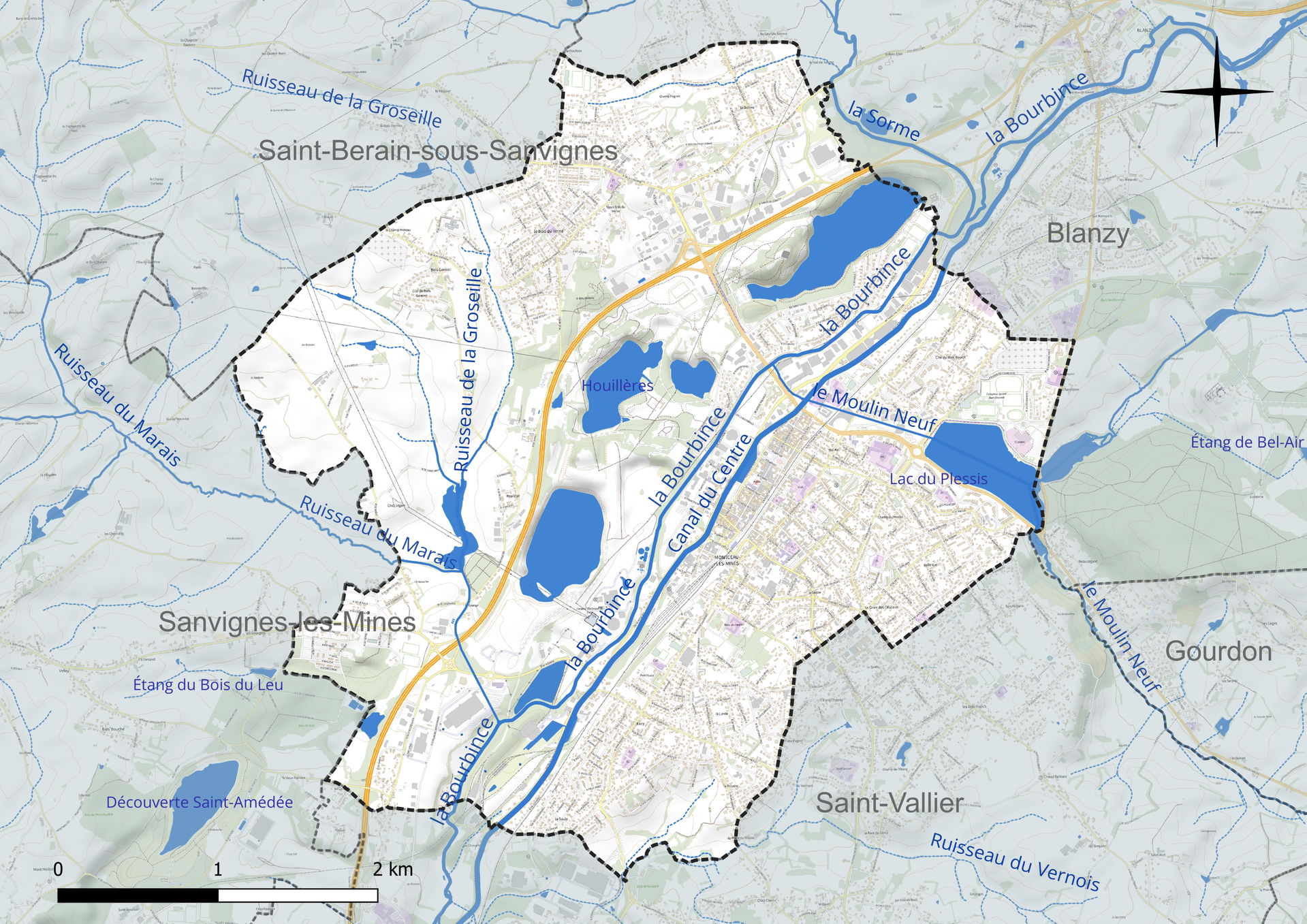 Carte du réseau hydrographique de la commune de fr:Montceau-les…