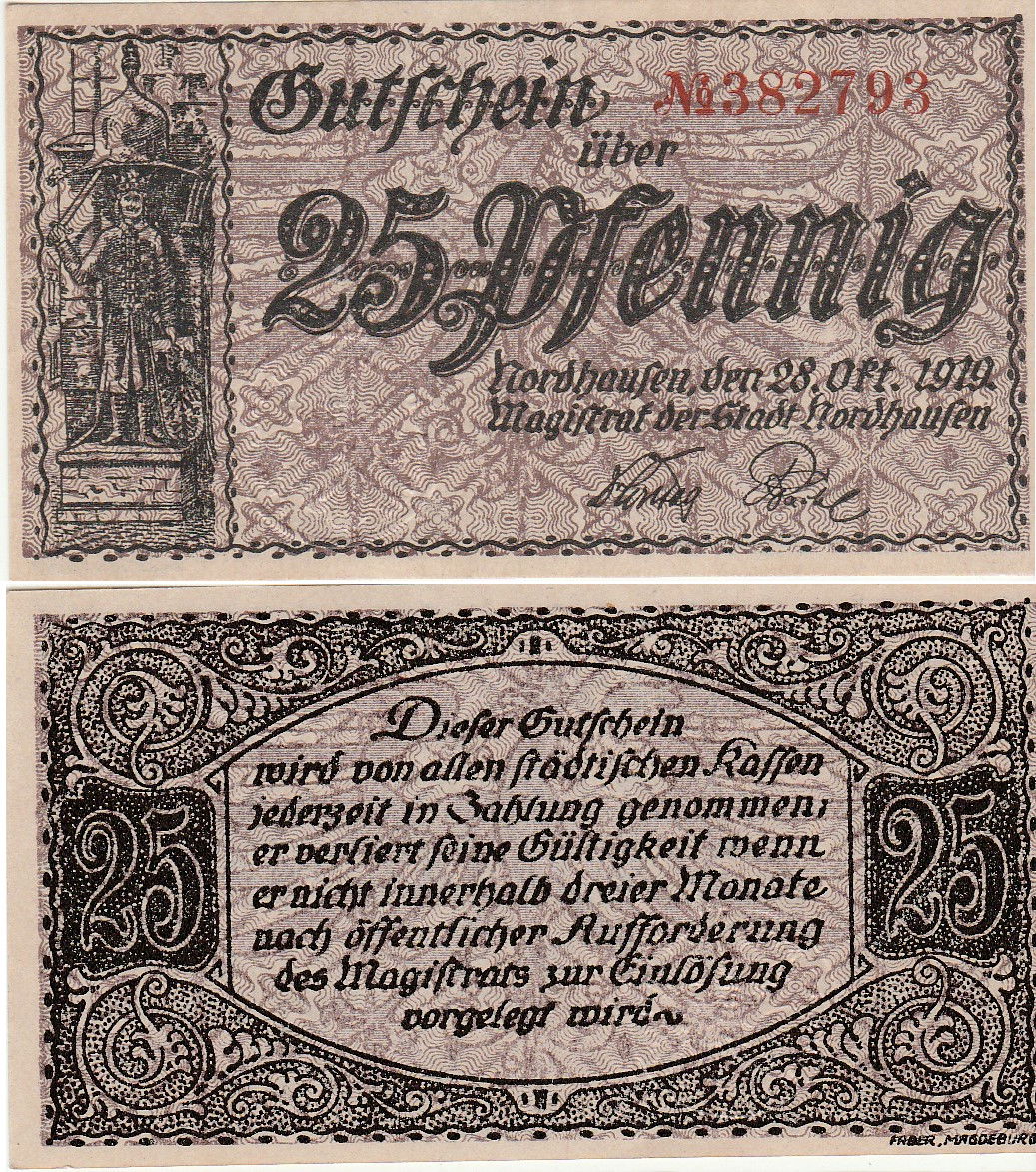 Ein deutscher Notgeldschein (Vorder- und Rückseite) aus  Nordha…