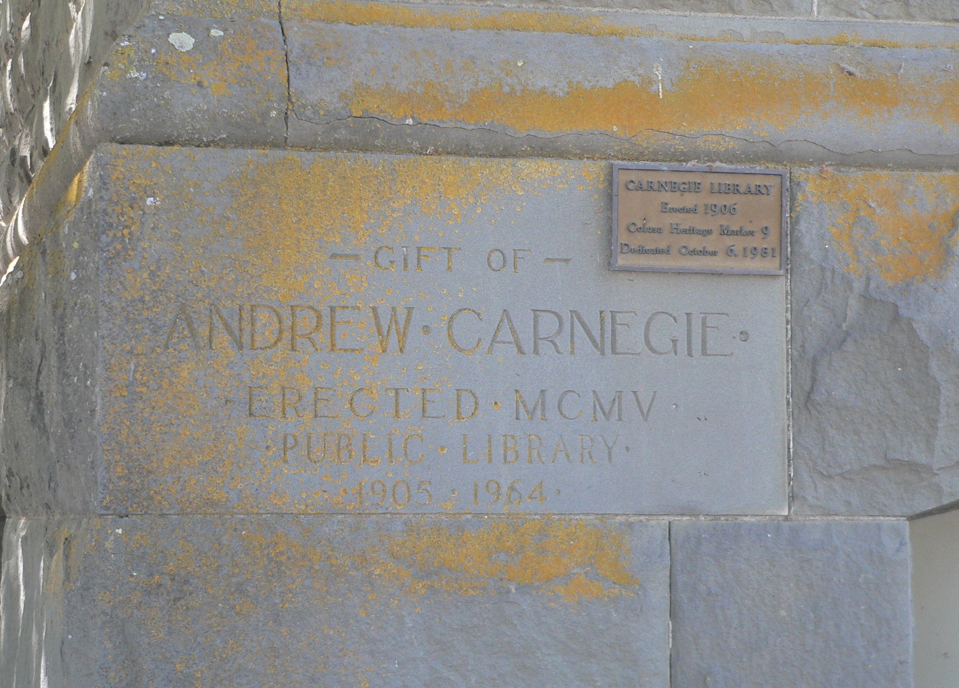 Cornerstone of Colusa Police Department, formerly Carnegie libr…