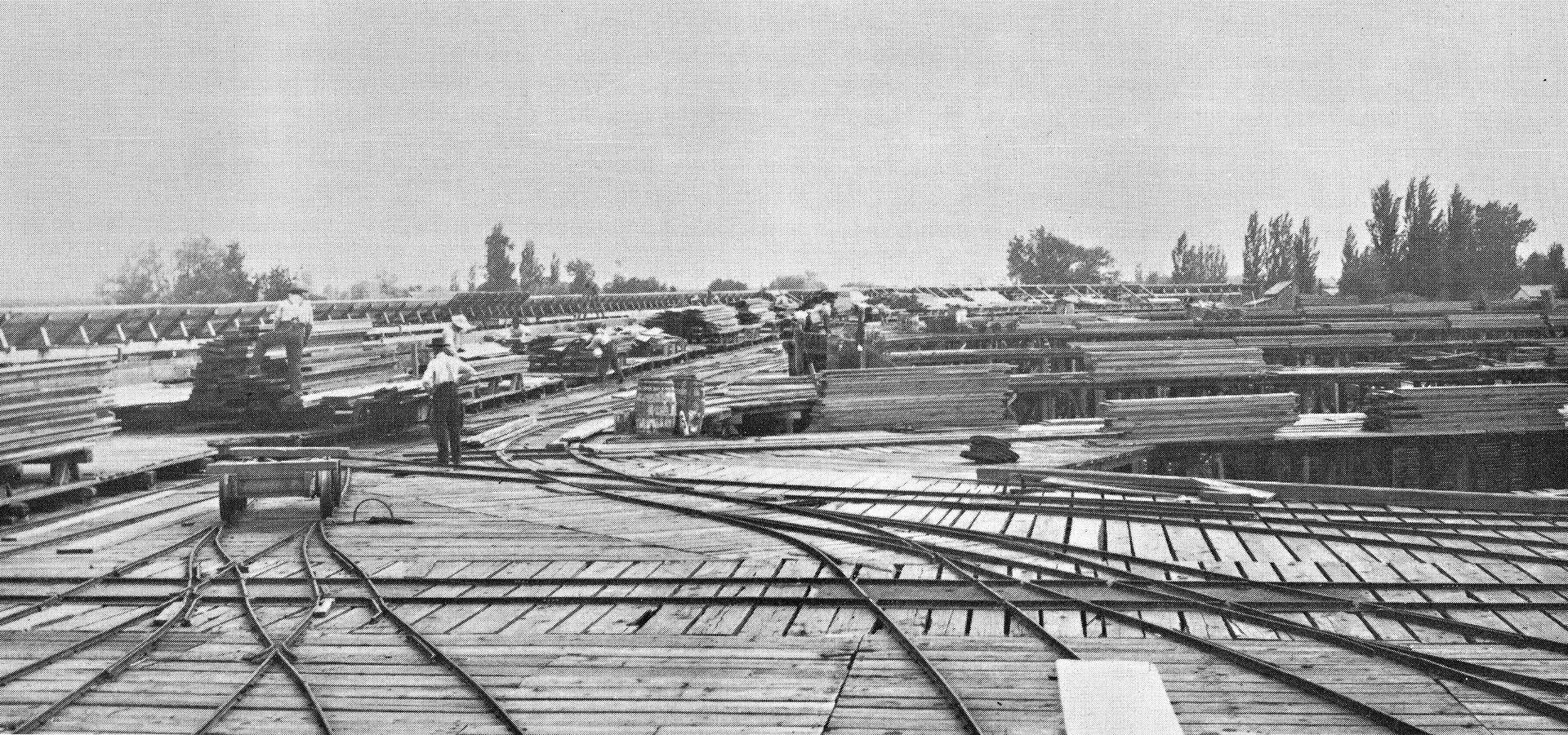 The Madera flume terminus circa 1901. The network of rails carr…