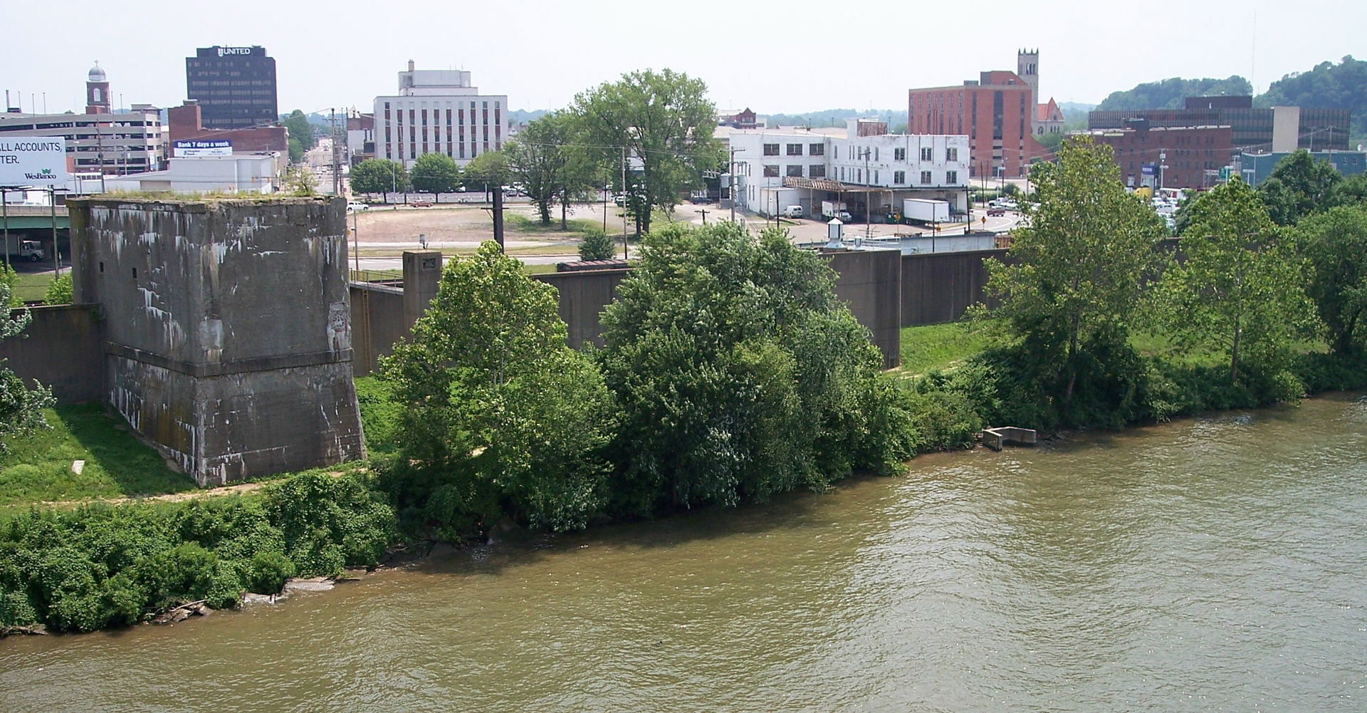 Downtown w:Parkersburg, West Virginia along the w:Ohio River, a…