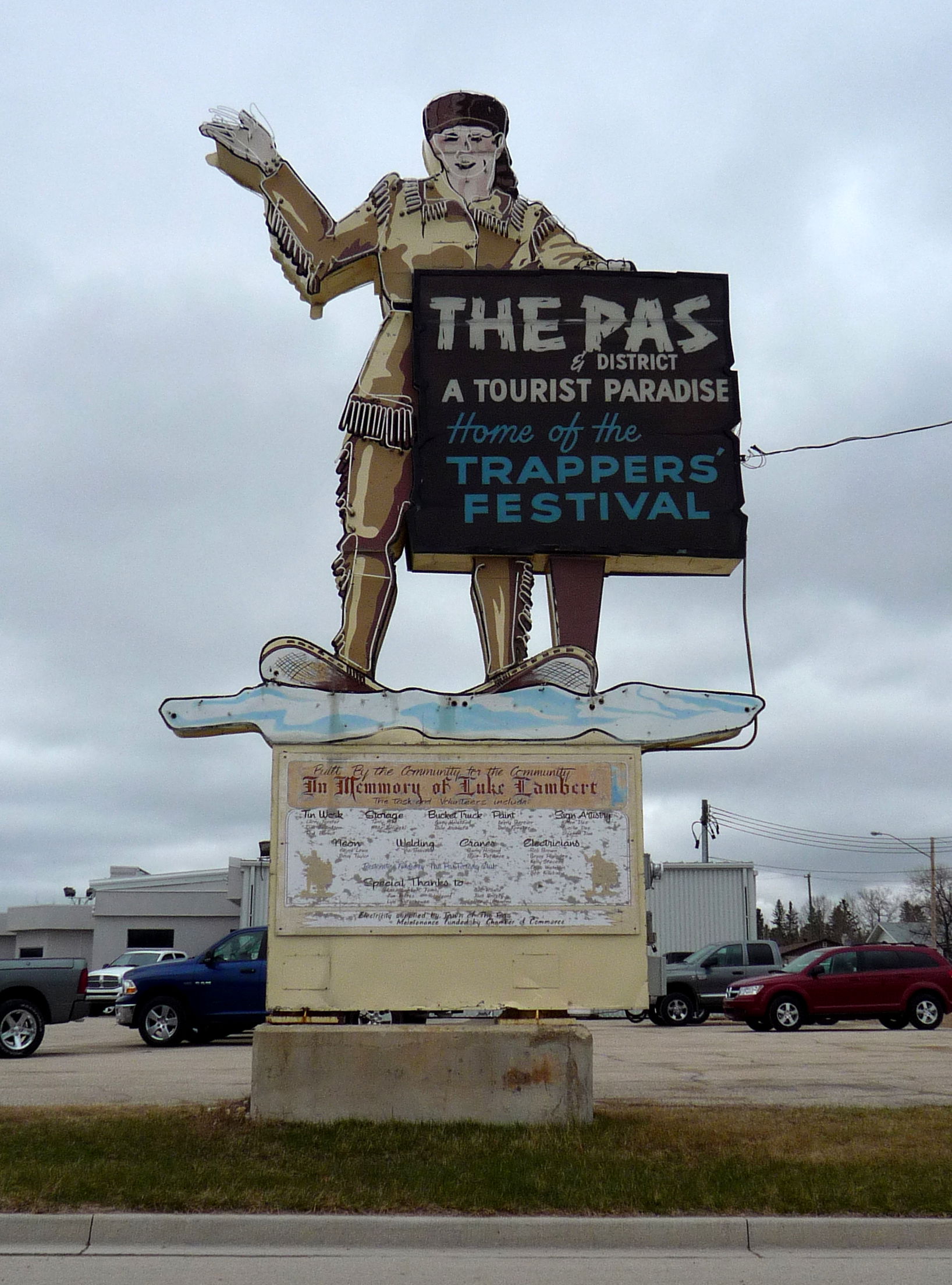 Welcome sign at the southern entrance to The Pas, Manitoba.