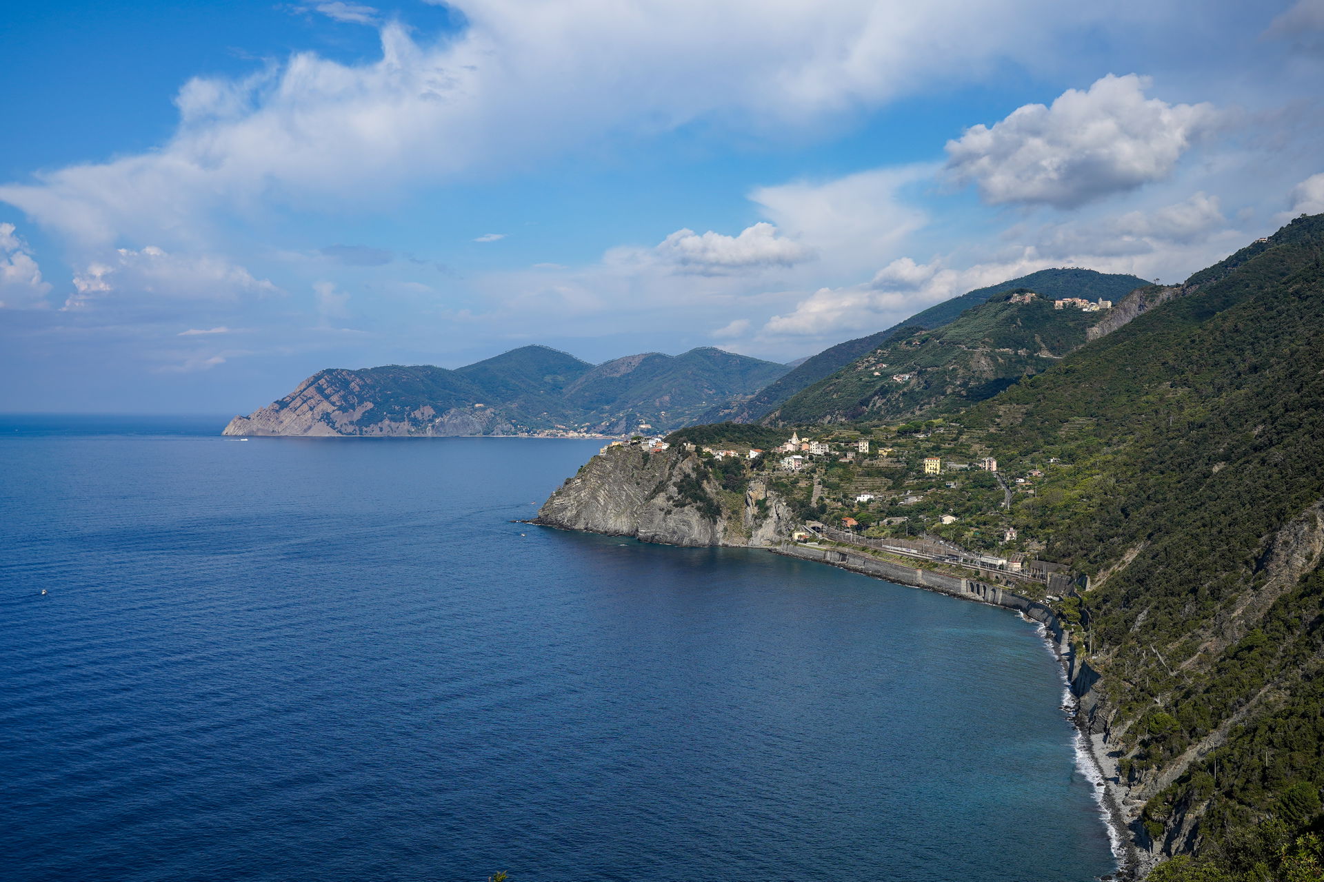 View NW from above Manarola: Corniglia Station and town, San Be…
