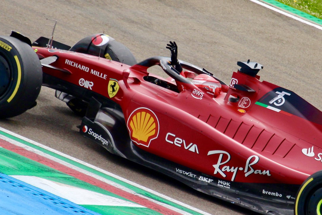 Charles Leclerc in his Ferrari F1-75, waving to the fans after …