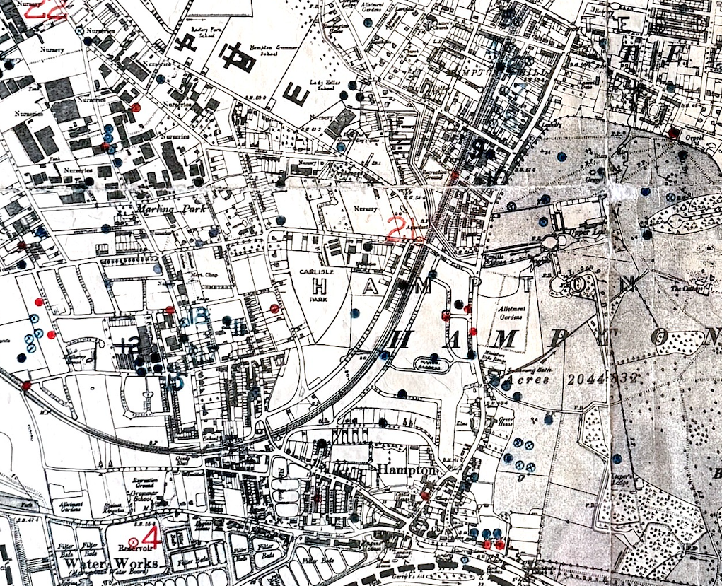 Borough of Twickenham bomb map 1940-1945 detail Hampton