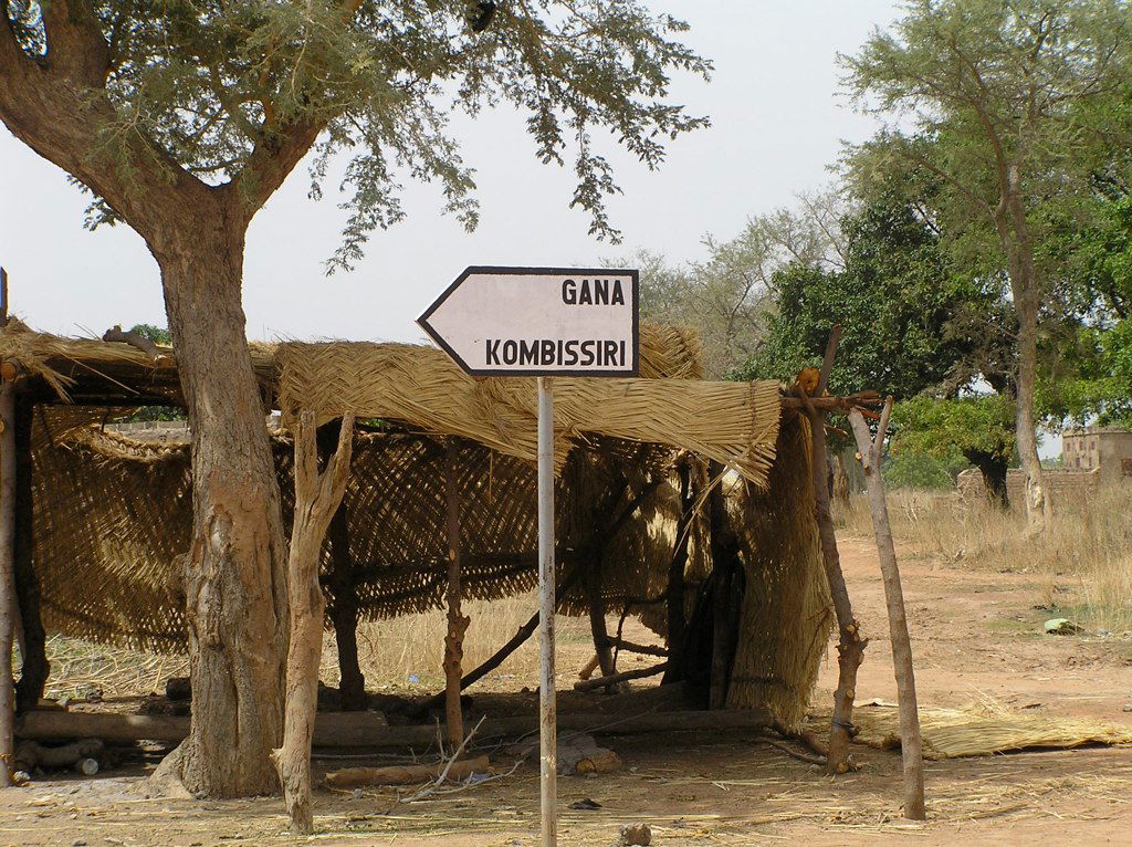 A road sign to Gana and Kombissiri in Burkina Faso.