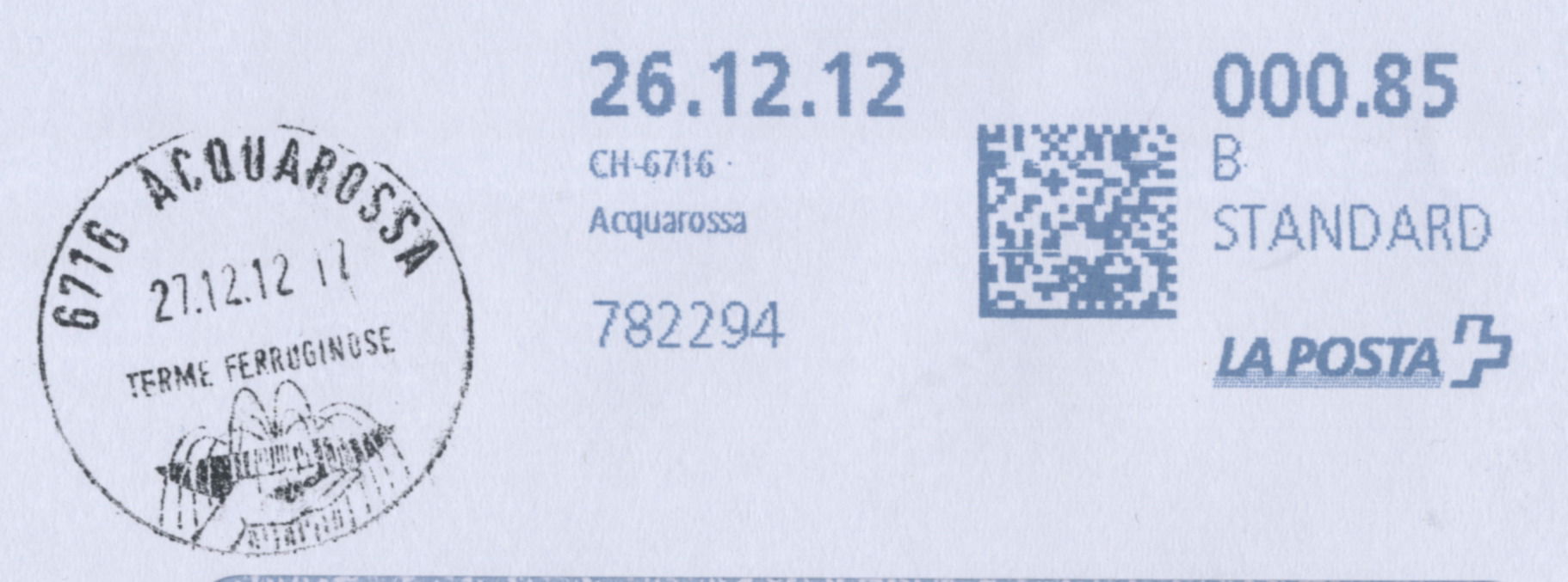 Postmark of CH-6716 Acquarossa and B meter stamp.