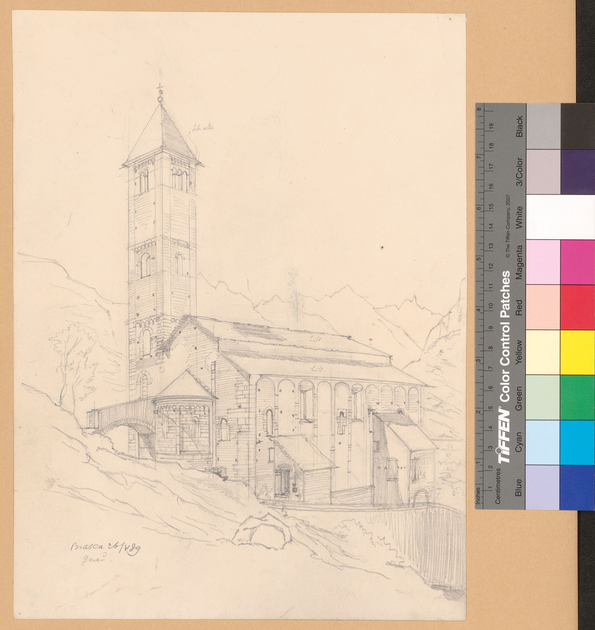 Dargestellt ist eine Aussenansicht (Nordseite) der Kirche Santi…