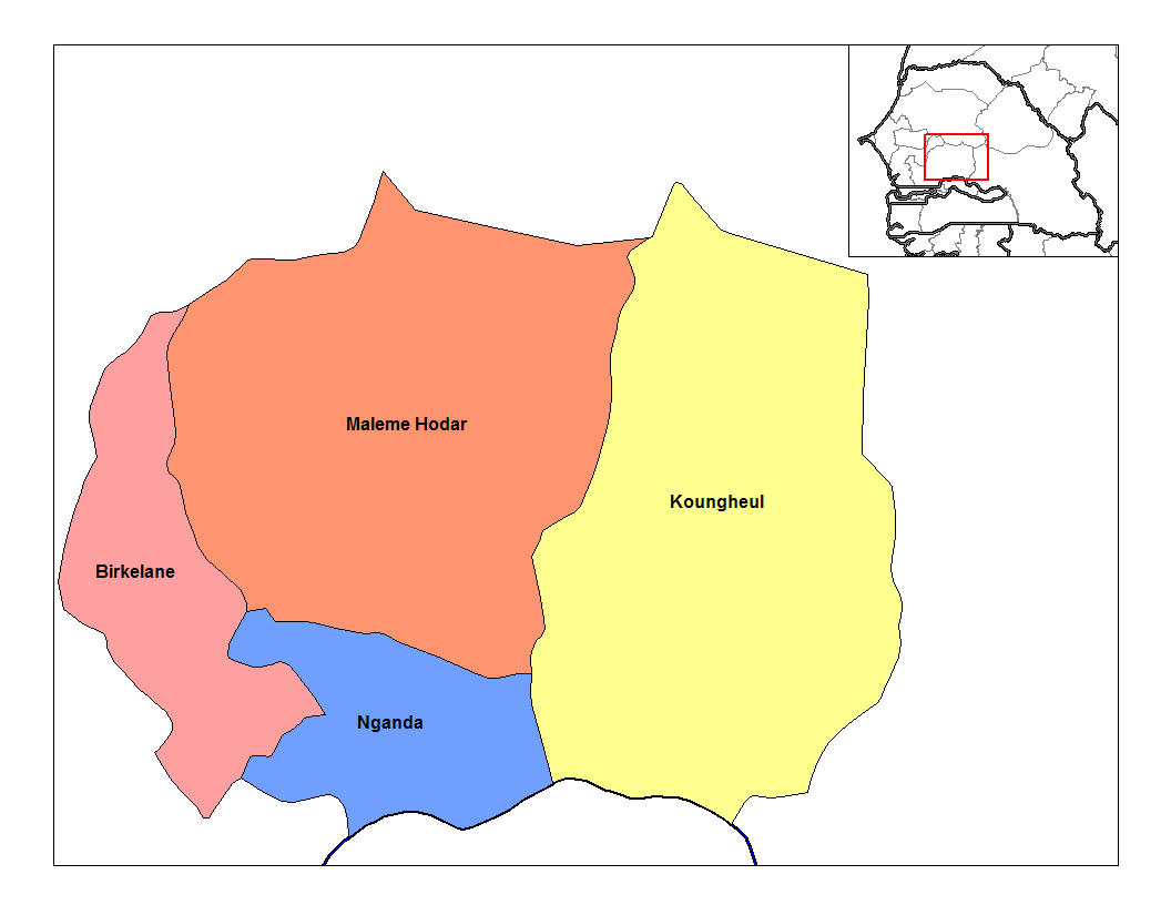 Map of the arrondissements of Kaffrine department in Senegal.