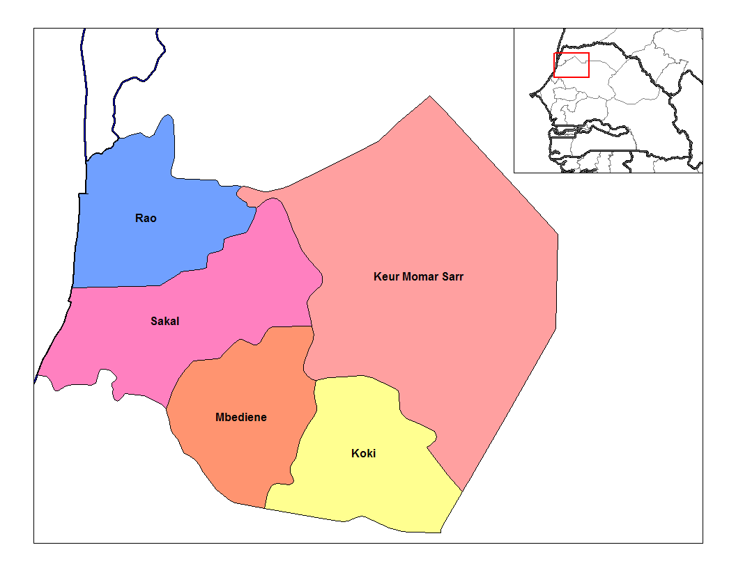 Map of the arrondissements of Louga department in Senegal.