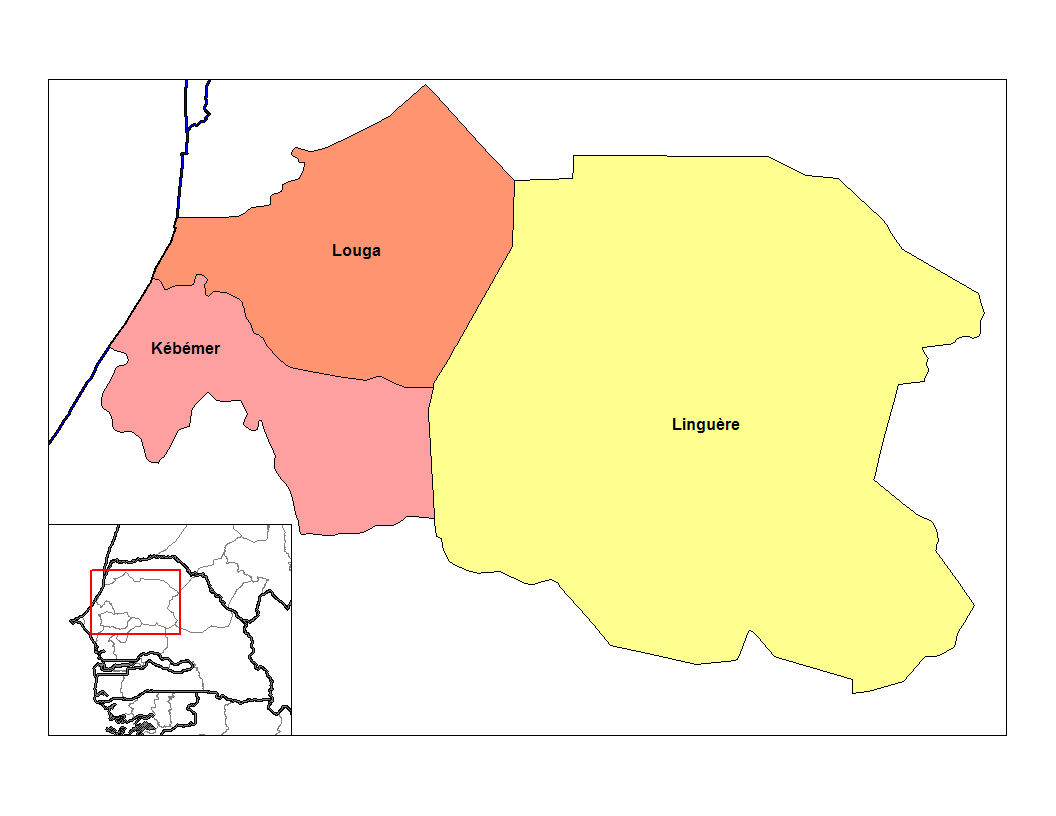 Map of the departments of Louga region in Senegal. Created by R…