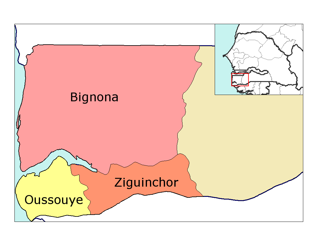 Map of the departments of Ziguinchor region in Senegal. Created…