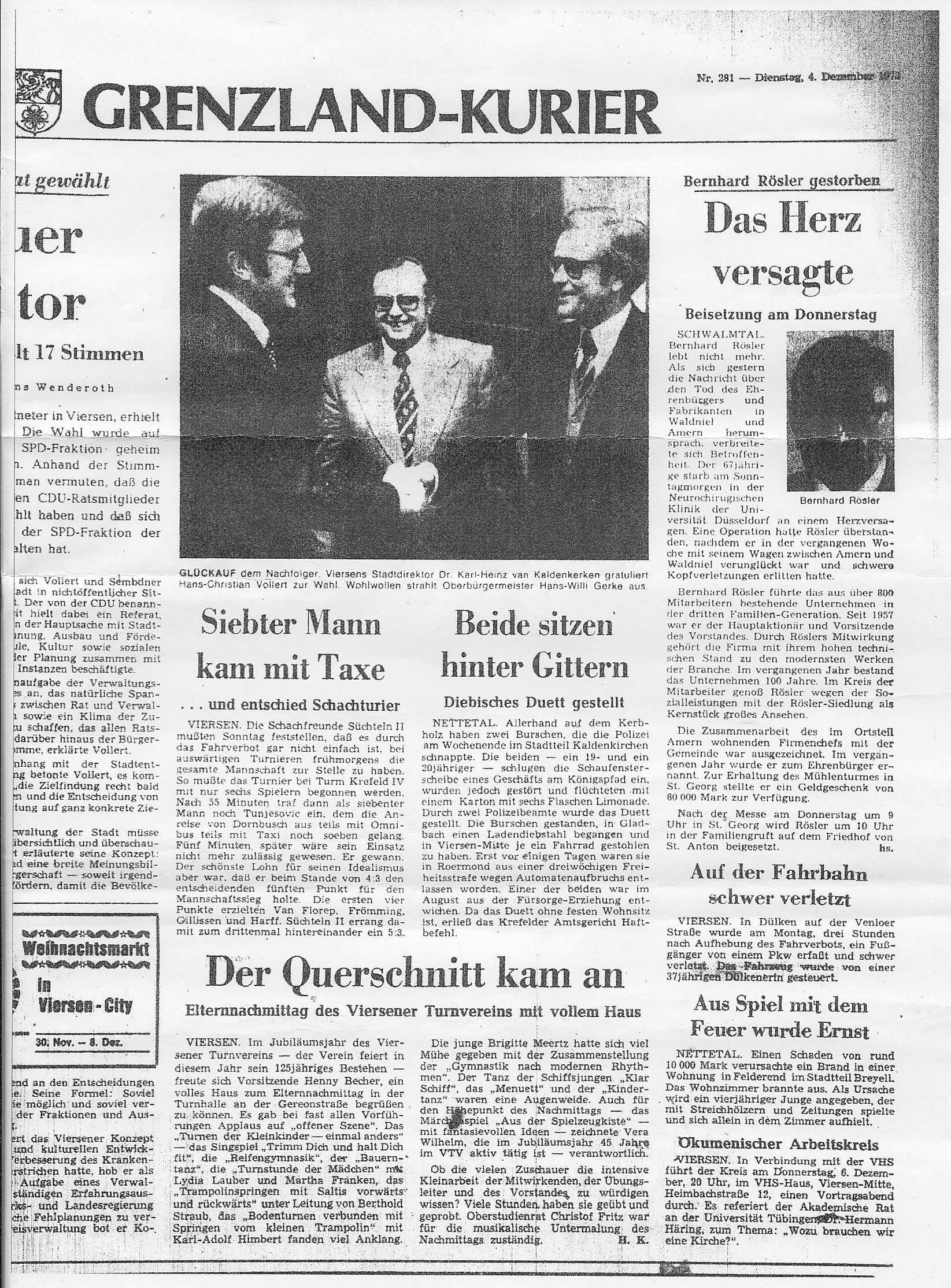 Meldung aus dem Grenzland-Kurier vom 4. Dezember 1973 über den …