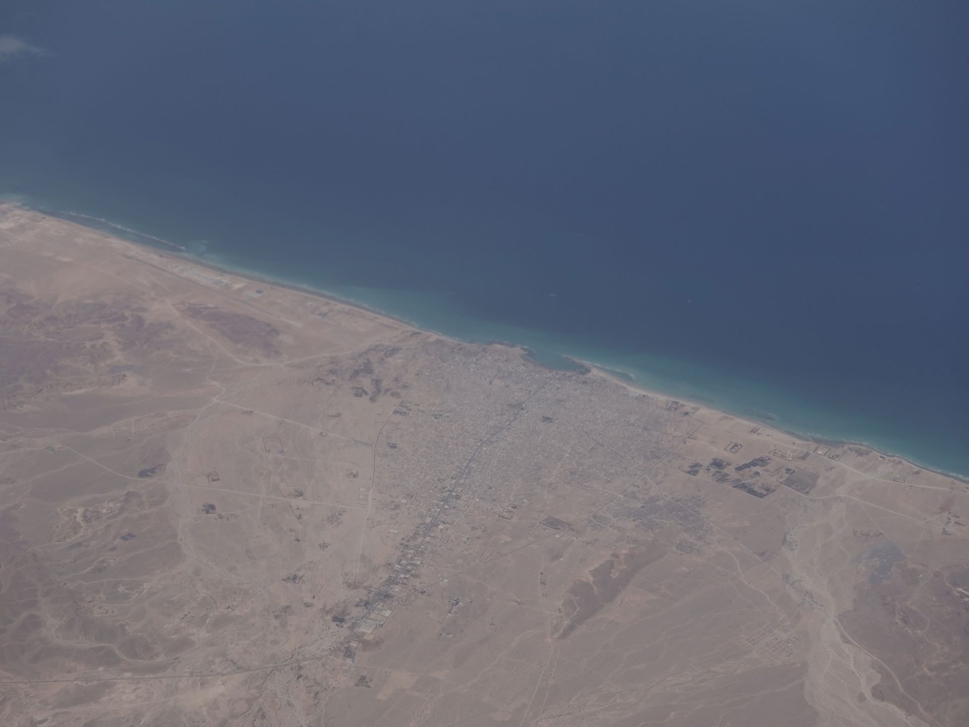 An aerial view of Bosaso, Somalia, taken from an Emirates fligh…